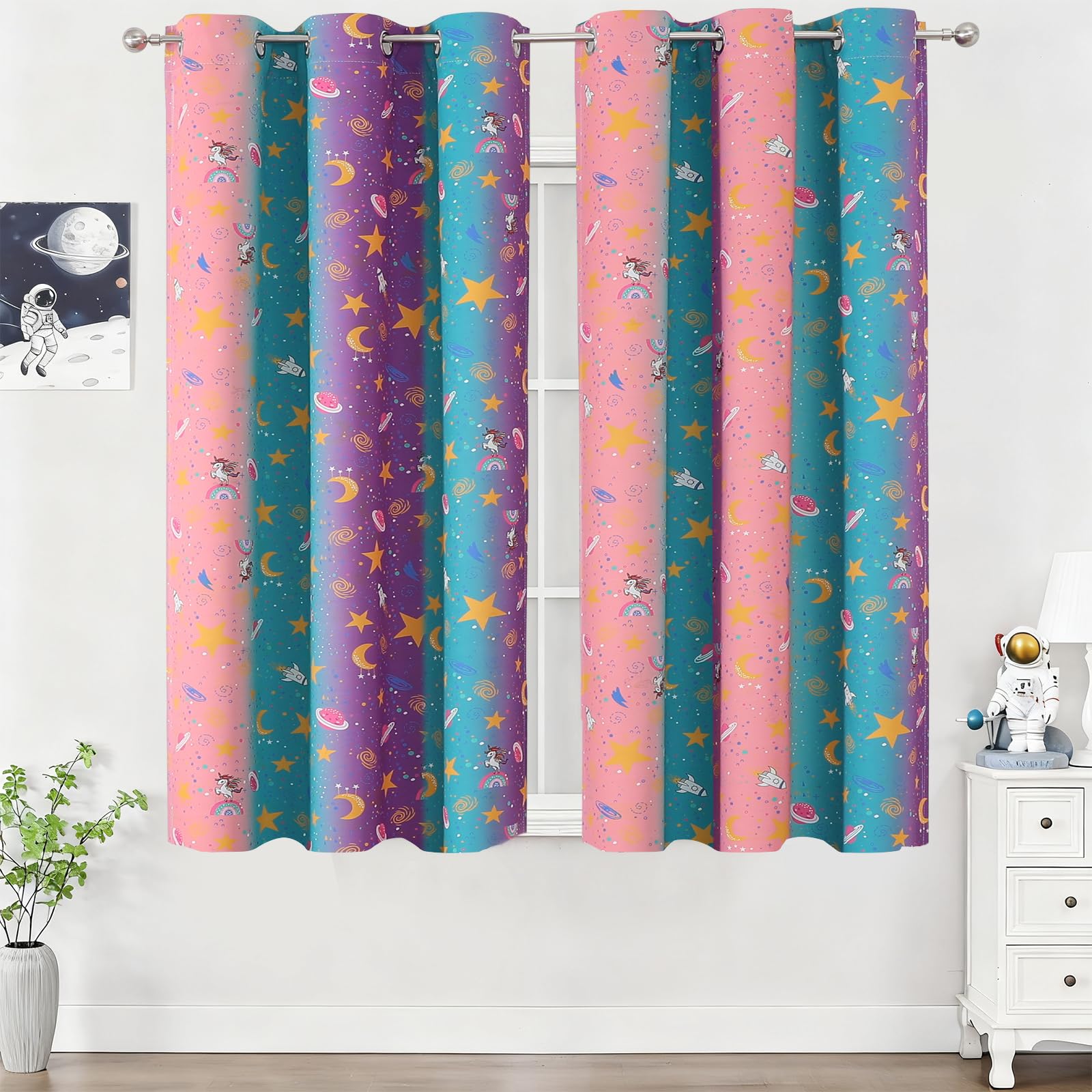 VEHEDE Sweet Rainbow Kids Blackout Curtains for Girl Bedroom Star Moon Unicorn Thermal Insulated Darkening Eyelet Curtains for Children's Bedroom Decor