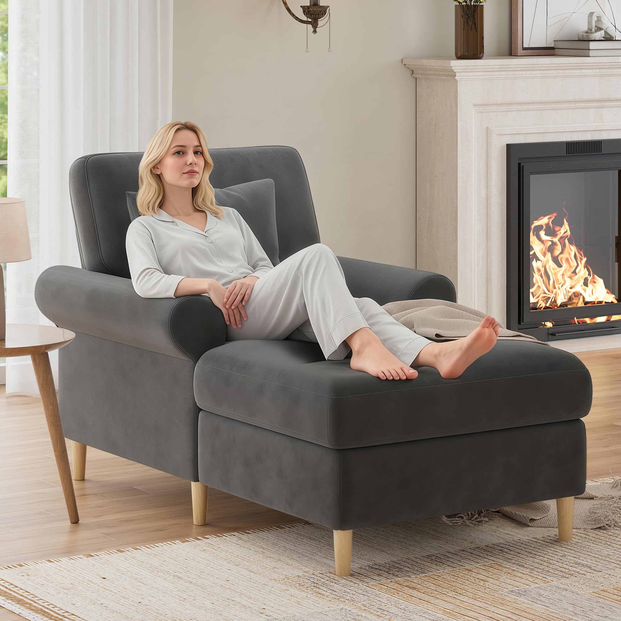 Zepneiy - Sofá de 1 plazas con acolchado y chaise longue plegable cómodo, puf para salón y dormitorio, terciopelo gris