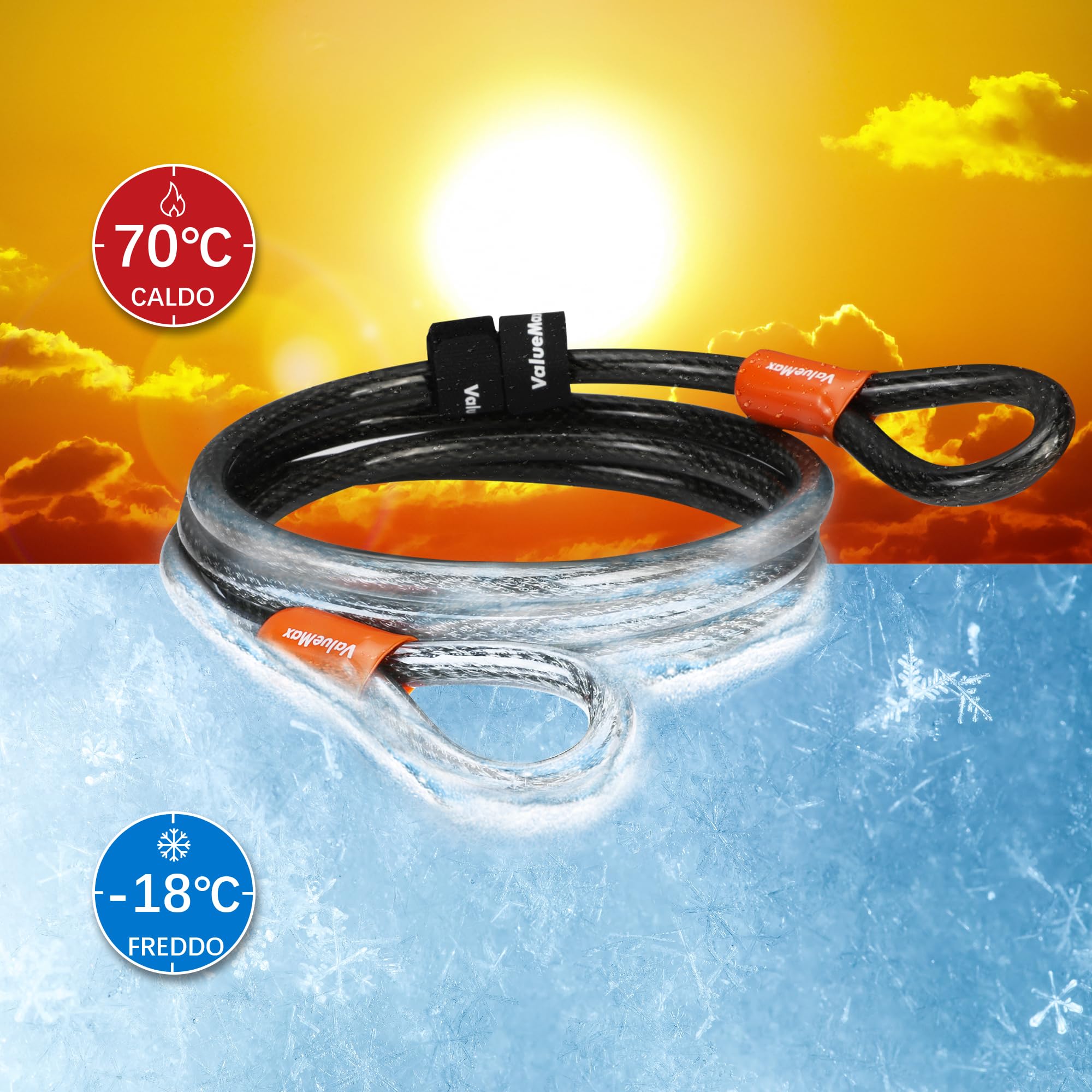 ValueMax Cavo di Sicurezza Bici 213cm x 12mm, Cavo Acciaio Doppio Anello con Rivestimento in PVC, per una Protezione Completa quando Utilizzato con Lucchetto a U