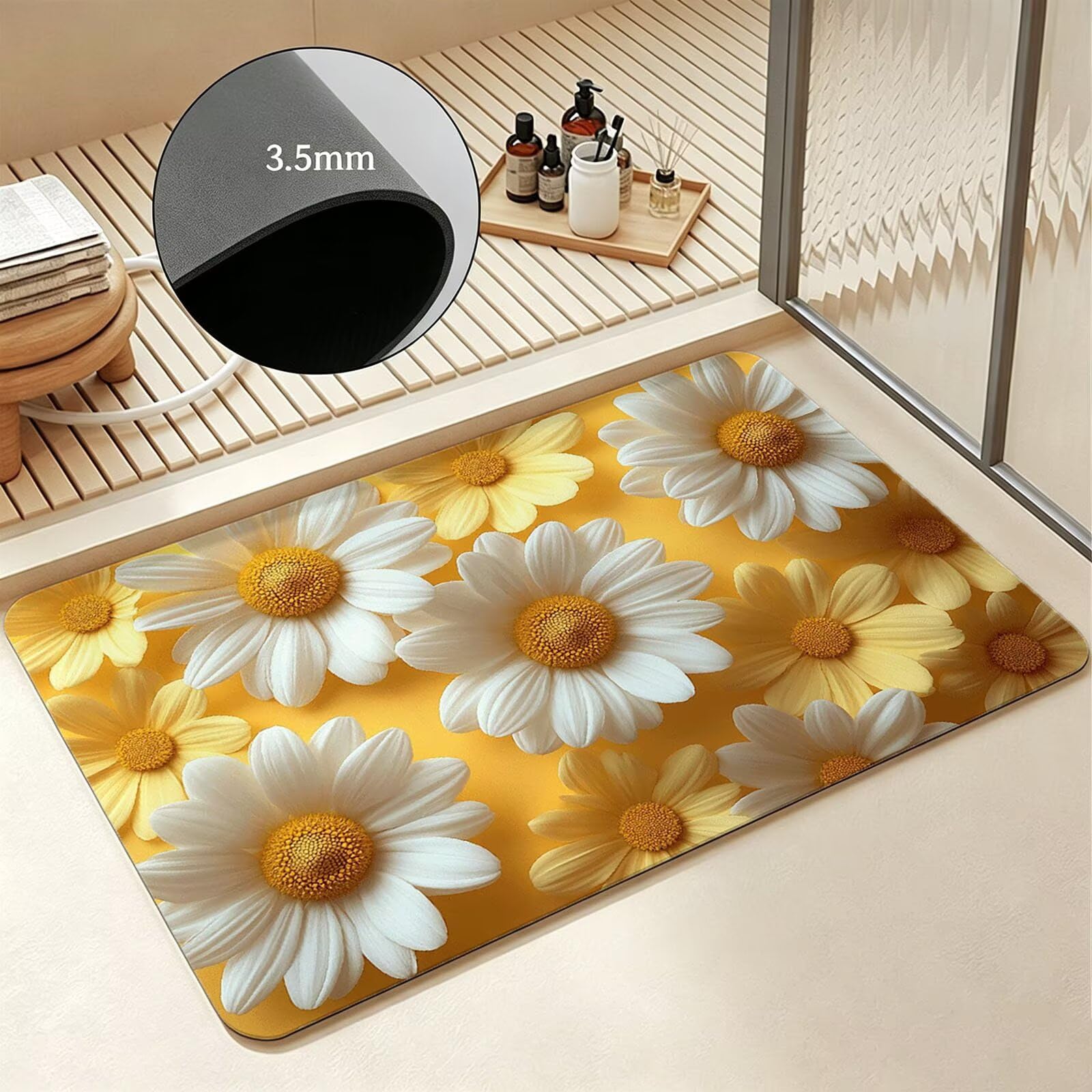 Alfombra Diatomita Baño 60 x 90 cm, Blanco Alfombra Bañera Antideslizante, Ducha Secado Rapido Alfombrilla Baño, Alfombrilla de Baños Lavable, Fácil de Limpiar, para Ducha, Bañera Margarita O-6506