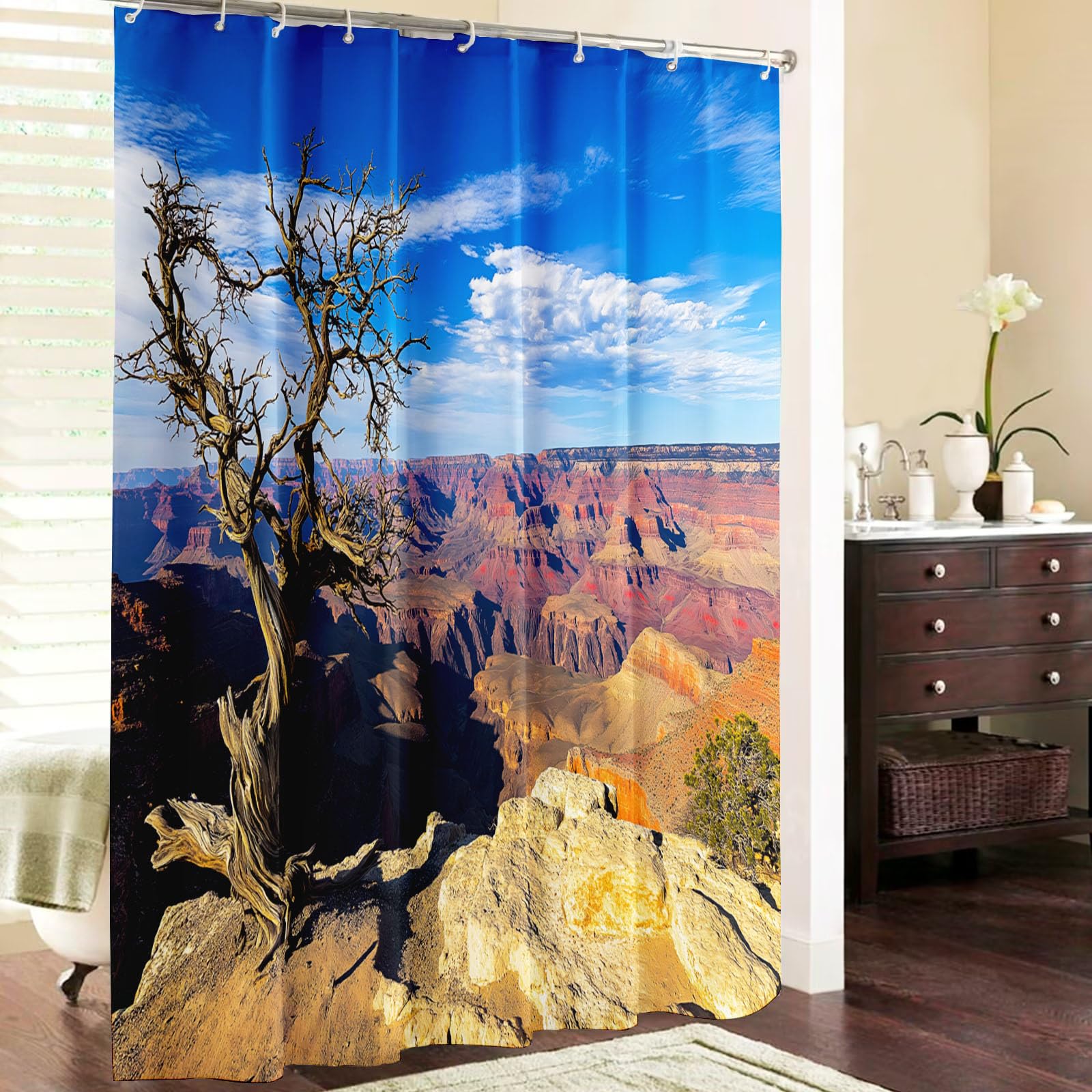 Cortina de Ducha Naturaleza Cañón240x200cm,Roca Lavables Cortina de Baño,Poliéster Textil Impermeable Cortina Ducha para Bañera con 12 Ganchos