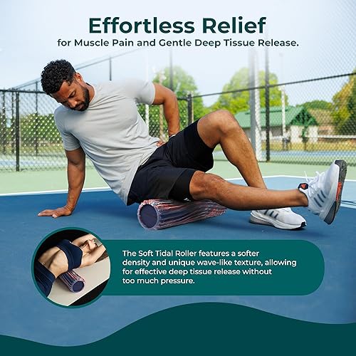 Miniatura 7 de Oceanfoam Soft Tidal Roller (azul marino oscuro, rojo y mármol natural) - Rodillo de espuma de baja densidad para terapia física, dolor de espalda,