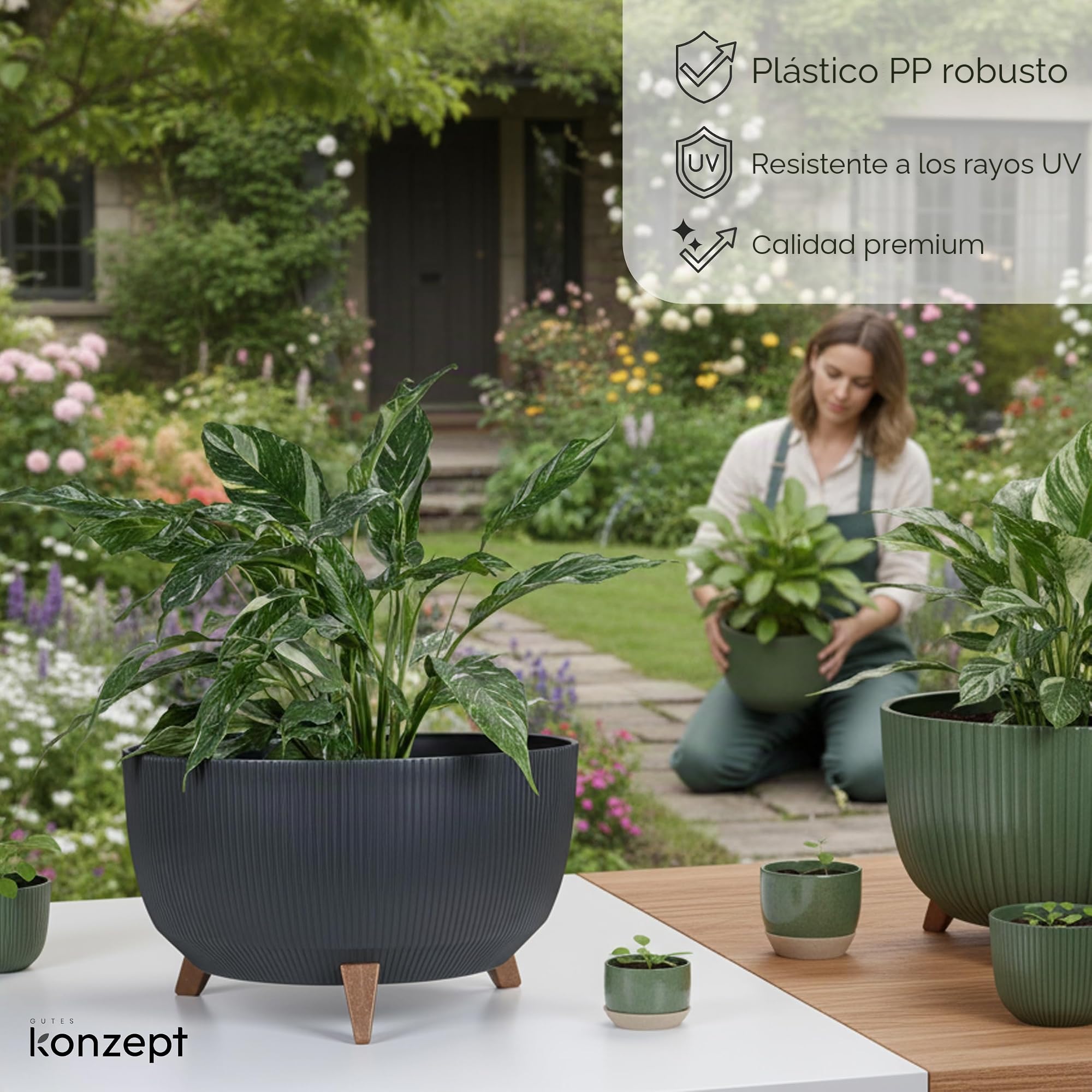KONZEPT Macetero con patas – Maceta grande de plástico redondo de 47 cm – Moderna y resistente a la intemperie, para interior y exterior