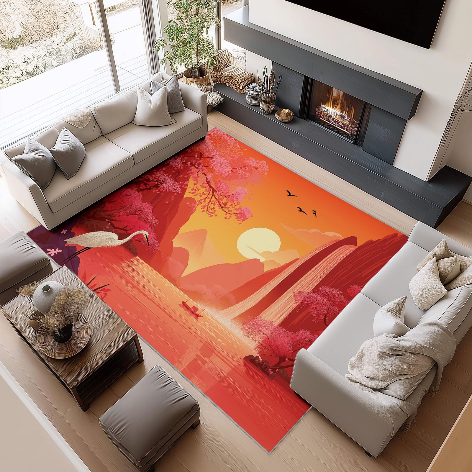 Waschbarer Teppich Sonnenuntergang Wasserfall Vögel 120x180cm Moderner 3D-Druck Teppich, rutschfest Kurzflor Matte für Flur, Eingangsbereich, Wohnzimmer und Schlafzimmer