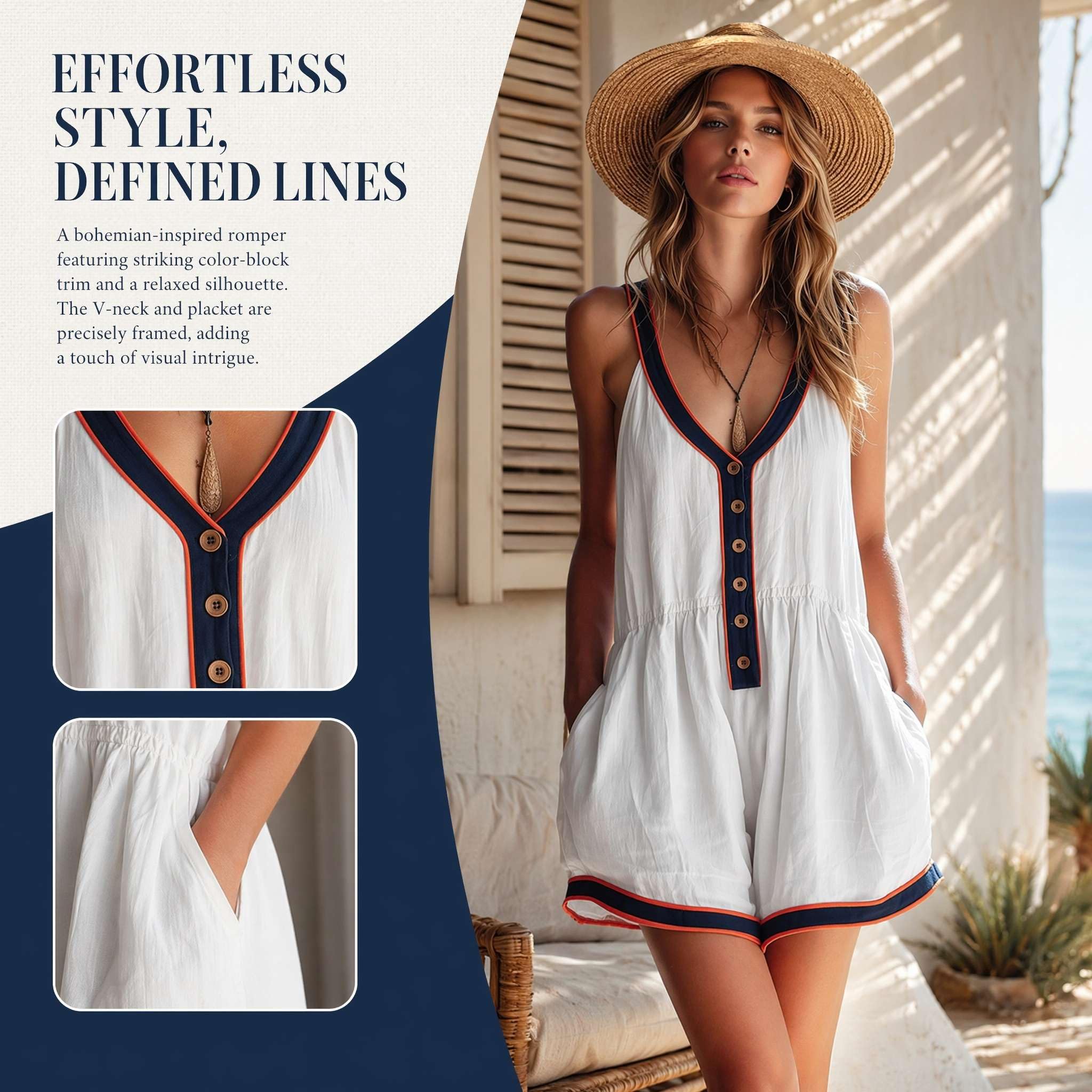 Generico Tuta Elegante Donna - Curvy V Neck Romper Boho Chic Tute da Cerimonia Vita Alta Jumpsuit Casual Morbida Senza Maniche Salopette Moda Spiaggia Vacanza Outfit Leggero con Tasche