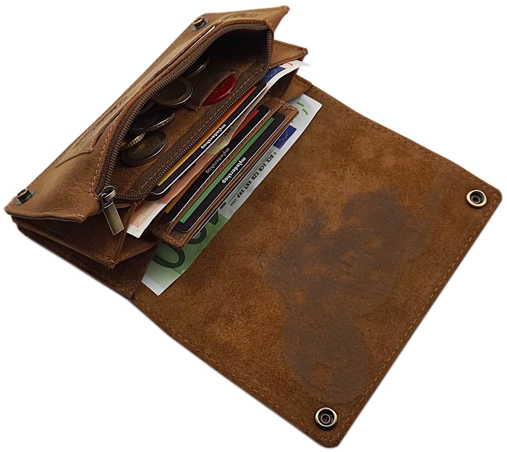 myledershop Cuir de Buffle Motard Porte-Monnaie avec chaîne en métal et Amovible Porte-Cartes avec Moto Motif avec Blocage RFID et NFC (Marron)