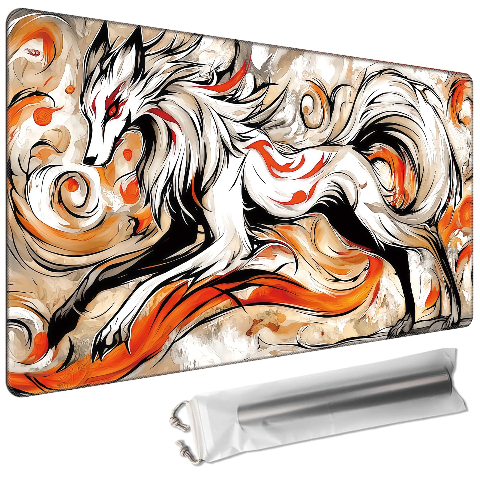 Cdkfxjy for TCG/MTG Playmat 24 x 14in Including Storage Bag | Smooth Surface & Non-Slip Rubber Backing | Stitched Edge Desk Pad & Card Game Mat, Flame Fox