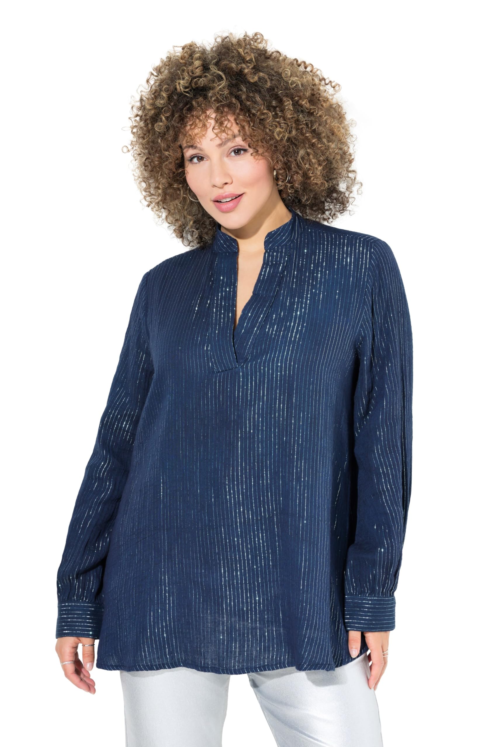 Ulla Popken Bluse, Metallic-Streifen, A-Linie, V-Ausschnitt, Langarm Camicia da Donna Donna