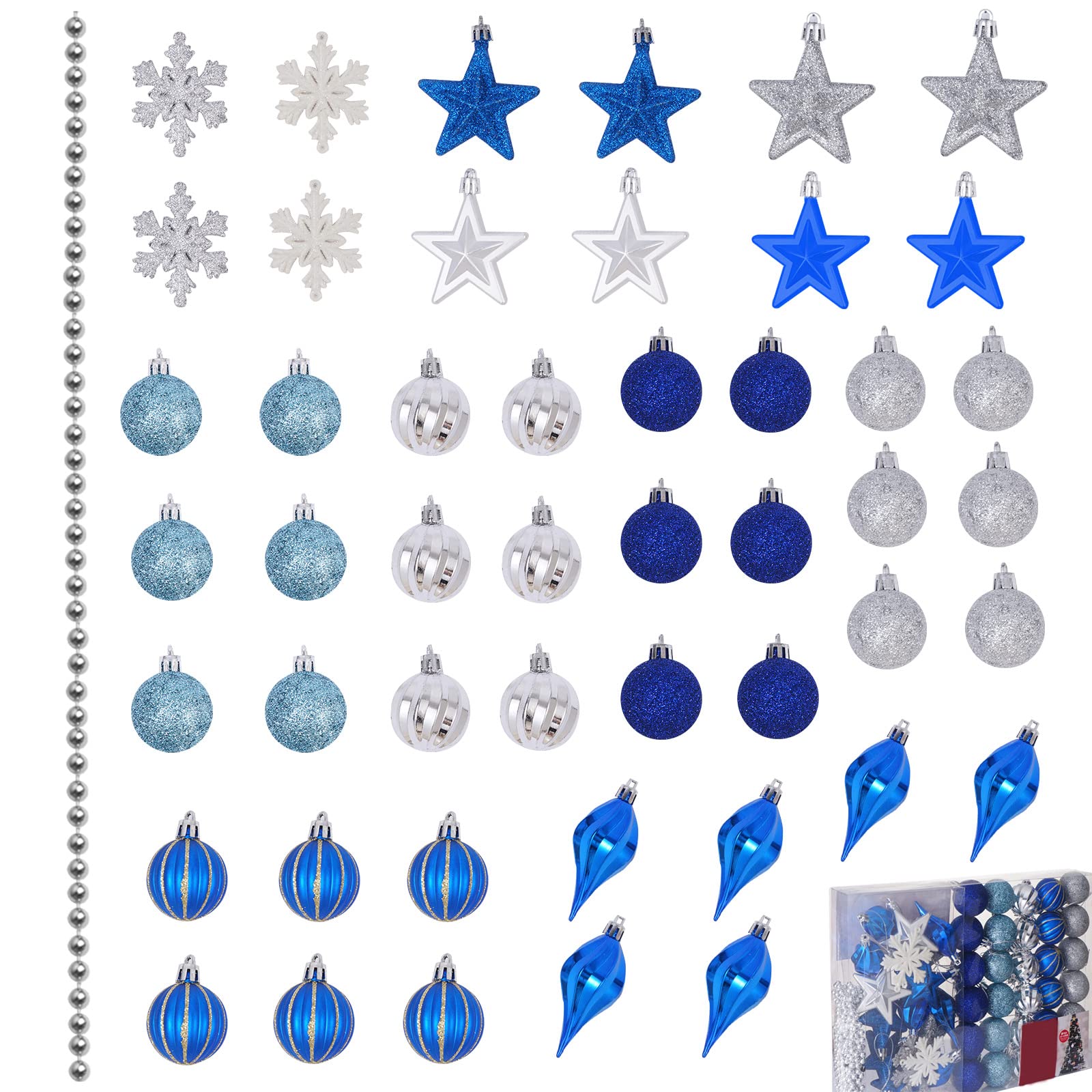 Christmas Balls Set of 49 PCS, Blue and Silver Christmas Decorations Balls Snowflake Star, for Christmas Tree Ornaments, Holiday Party, Shatterproof Hanging Ball