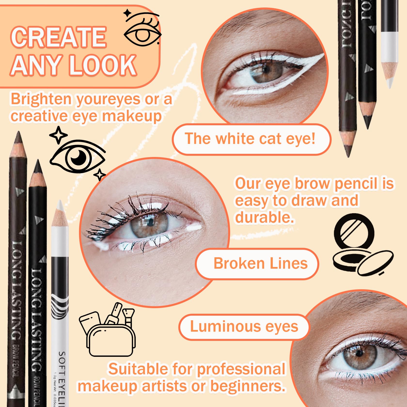 12 lápices delineadores de ojos, color negro, blanco, marrón oscuro, impermeable, a prueba de manchas, larga duración, mate, delineador, lápices de maquillaje, lápiz delineador de ojos de 4