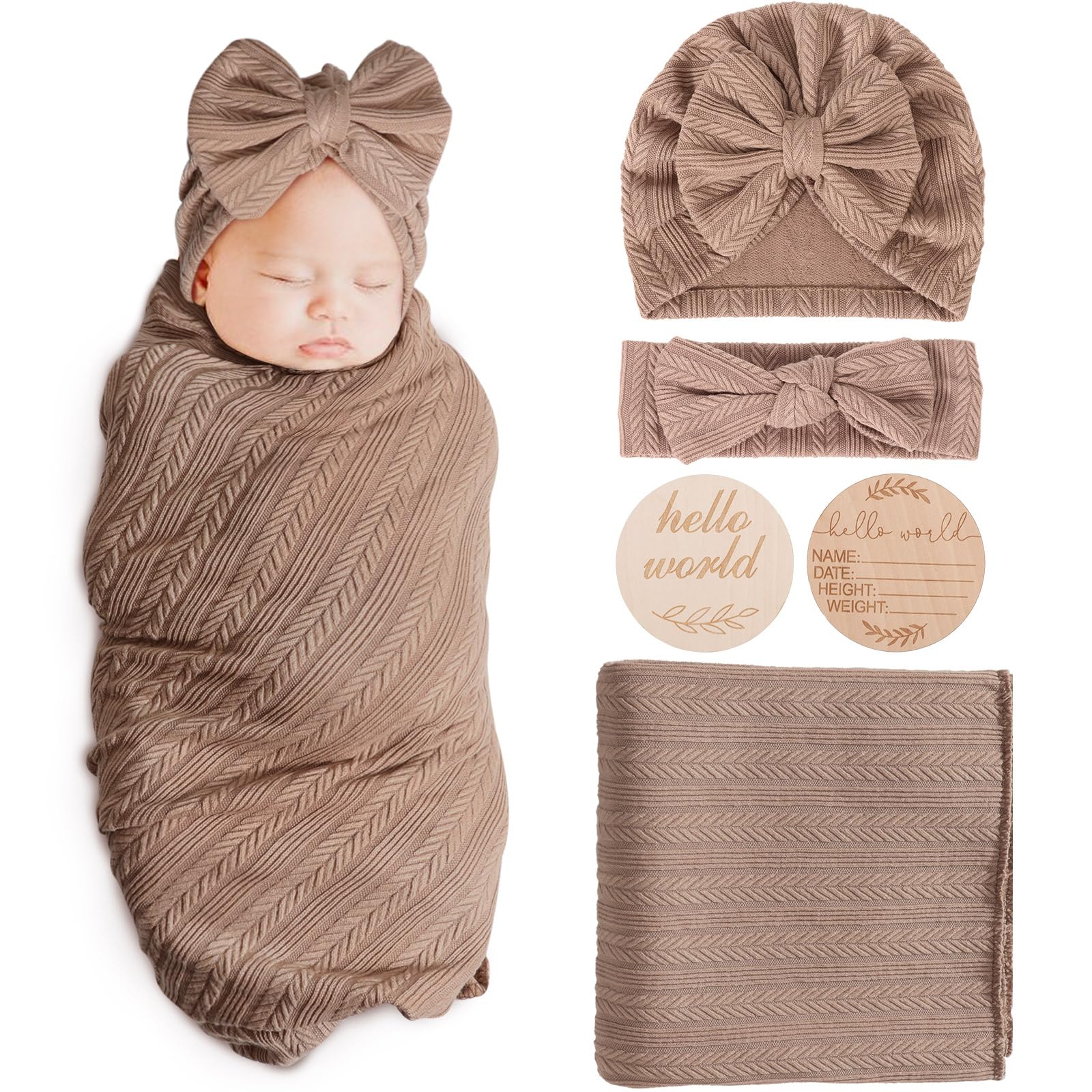 AQOKKA Newborn Receiving Blanket with Bow Hat Headband Wooden Card Set Wheat-Pattern Newborns Toddler Baby Boy Girl Nursery Swaddle Wrap