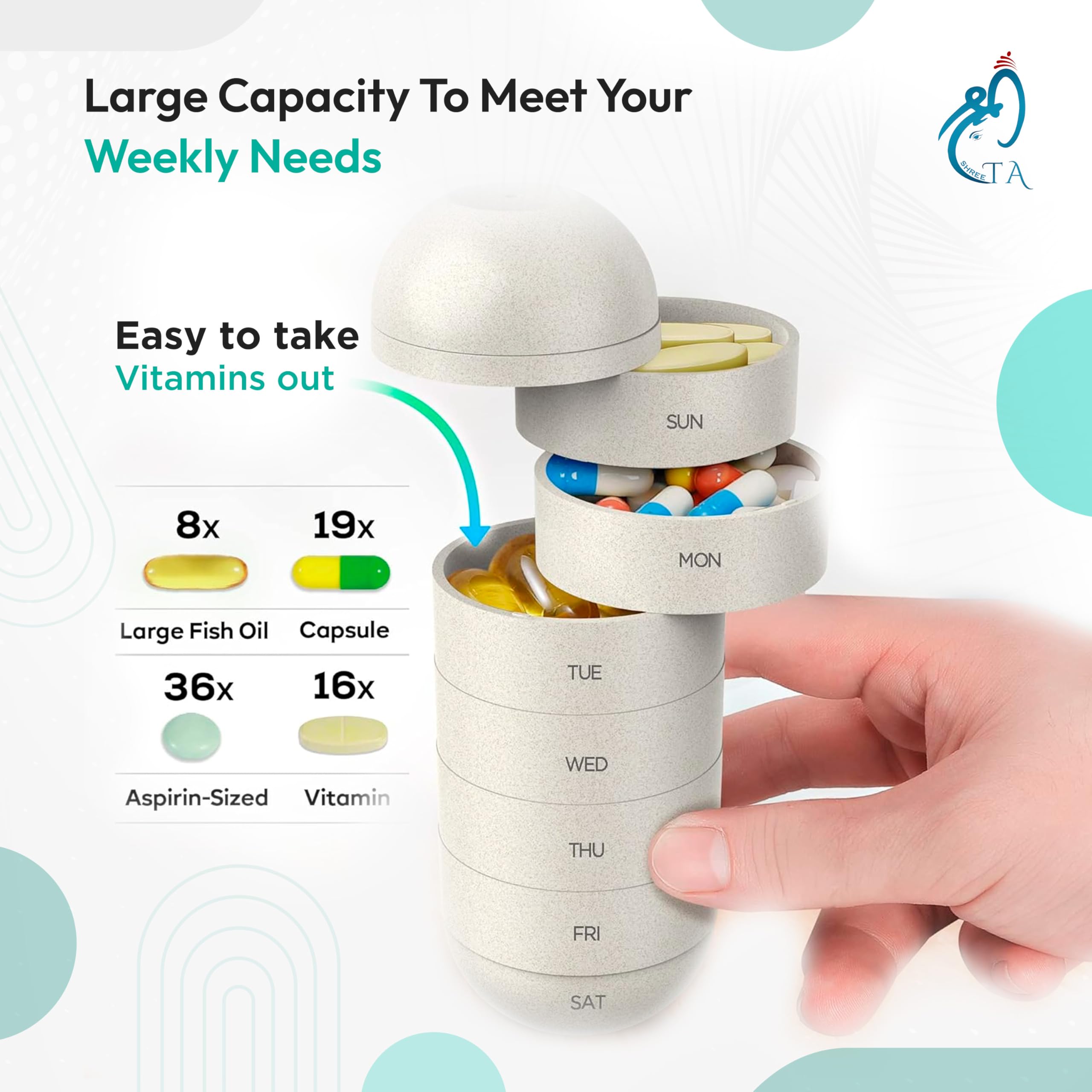 SHREETA Pill Organiser-Capsule Shape Medicine Case 7 Day Pill Box Weekly Medicine Case,7 Grids Sealed Rotatable Damp Proof Cute Pill Organizer for Hold Vitamins, Fish Oil, Supplements and Medication Product Image 3