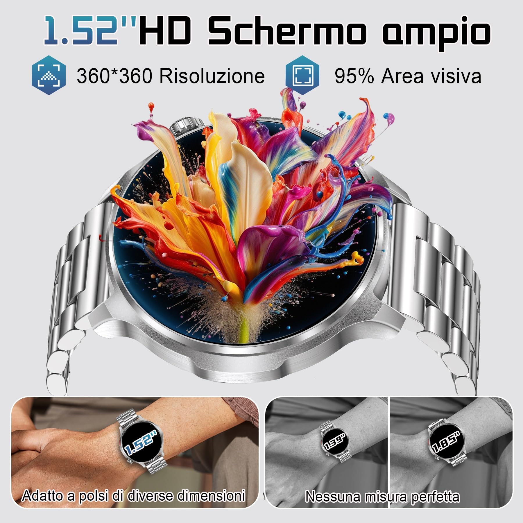 Smartwatch Uomo con Chiamate Bluetooth,1000mAH Batteria,1.52" HD | Orologio Intelligente Fitness con Sonno, Cardiofrequenzimetro, 100+ Sportive, IP68 Smart Watch per Android iOS Argento