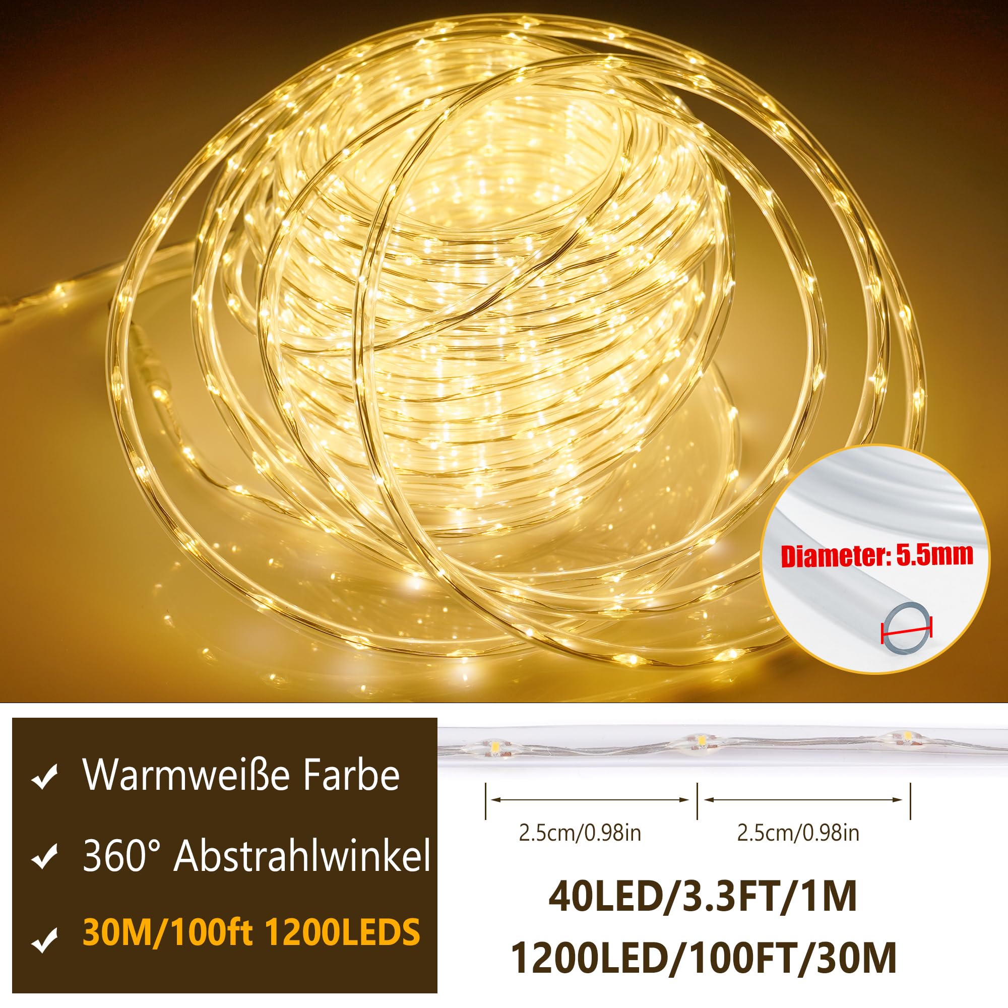 StarryEver Tubo luminoso solare per esterni, 30 m, 1200 LED, 2700 K, luce bianca calda, funzione di ricarica USB, IP68, resistente alle intemperie, con telecomando, per esterni, tubo di luce per
