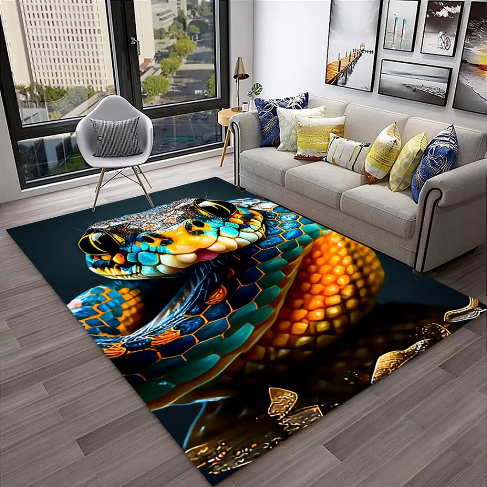 Tapis de sol 3D serpent pour salon et couloir créant une ambiance moderne et chaleureuse