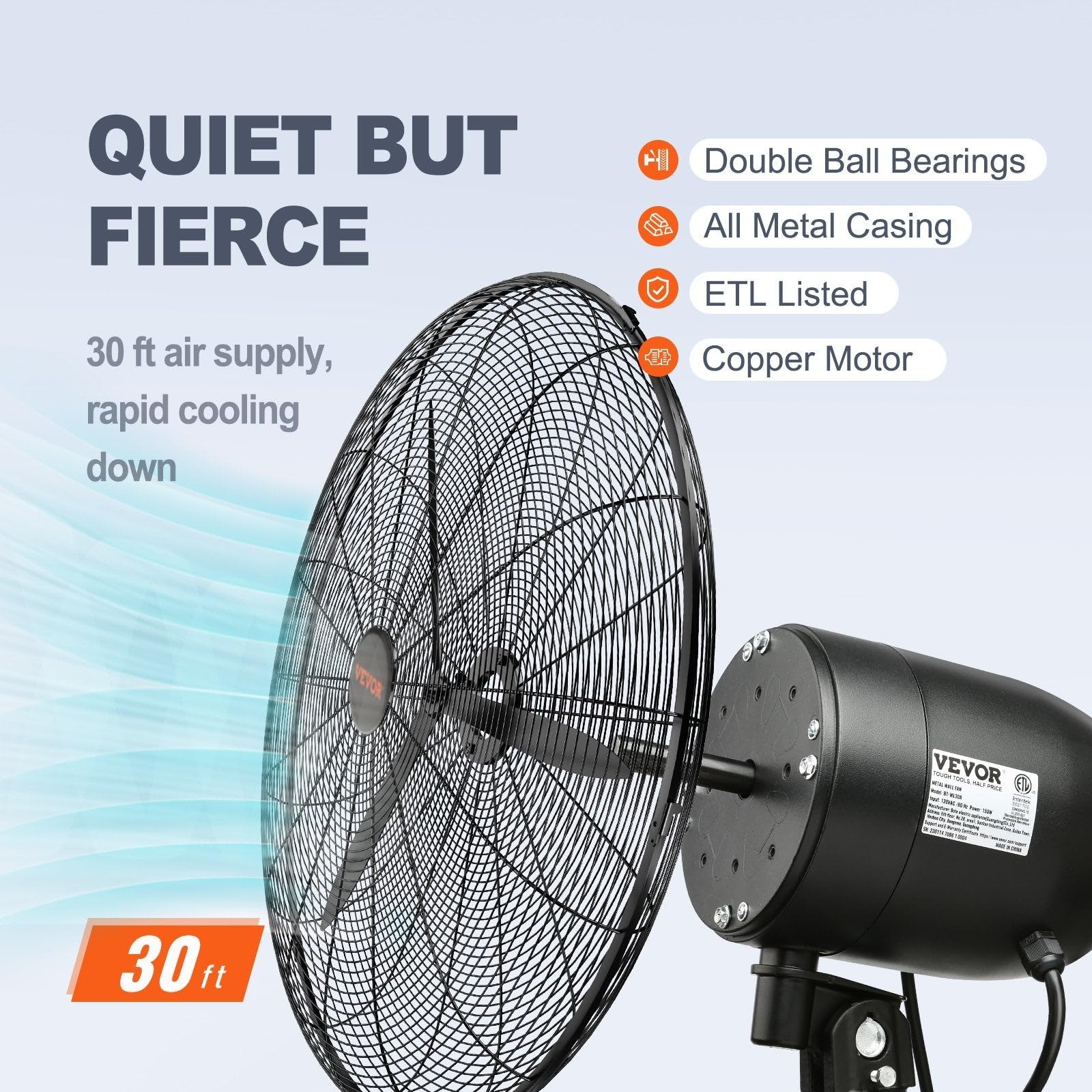 VEVOR Ventilatore da Parete, 61,6 cm 3 Velocità ad Alta Velocità, Ventilatore da Parete Industriale Oscillante Impermeabile 115 W Commerciale o Residenziale per Magazzino, Serra, Officina, Nero