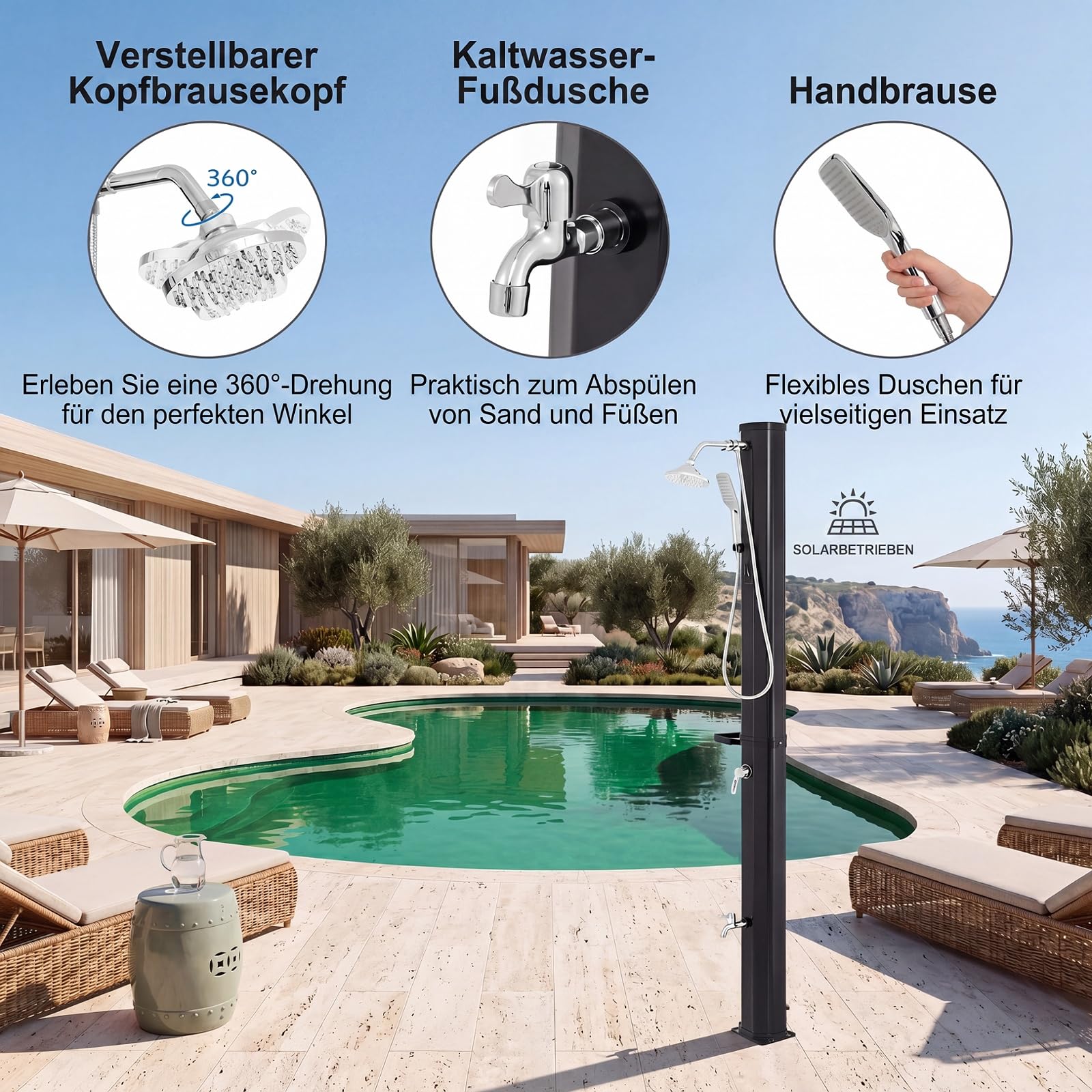 SOARS Solardusche 35L, Gartendusche bis 60°C mit Ablage, Handbrause, 360° Duschkopf & Fußdusche, Campingdusche mit Schutzhülle, Pooldusche, Außendusche für Garten, Pool, Camping & Strand, Schwarz