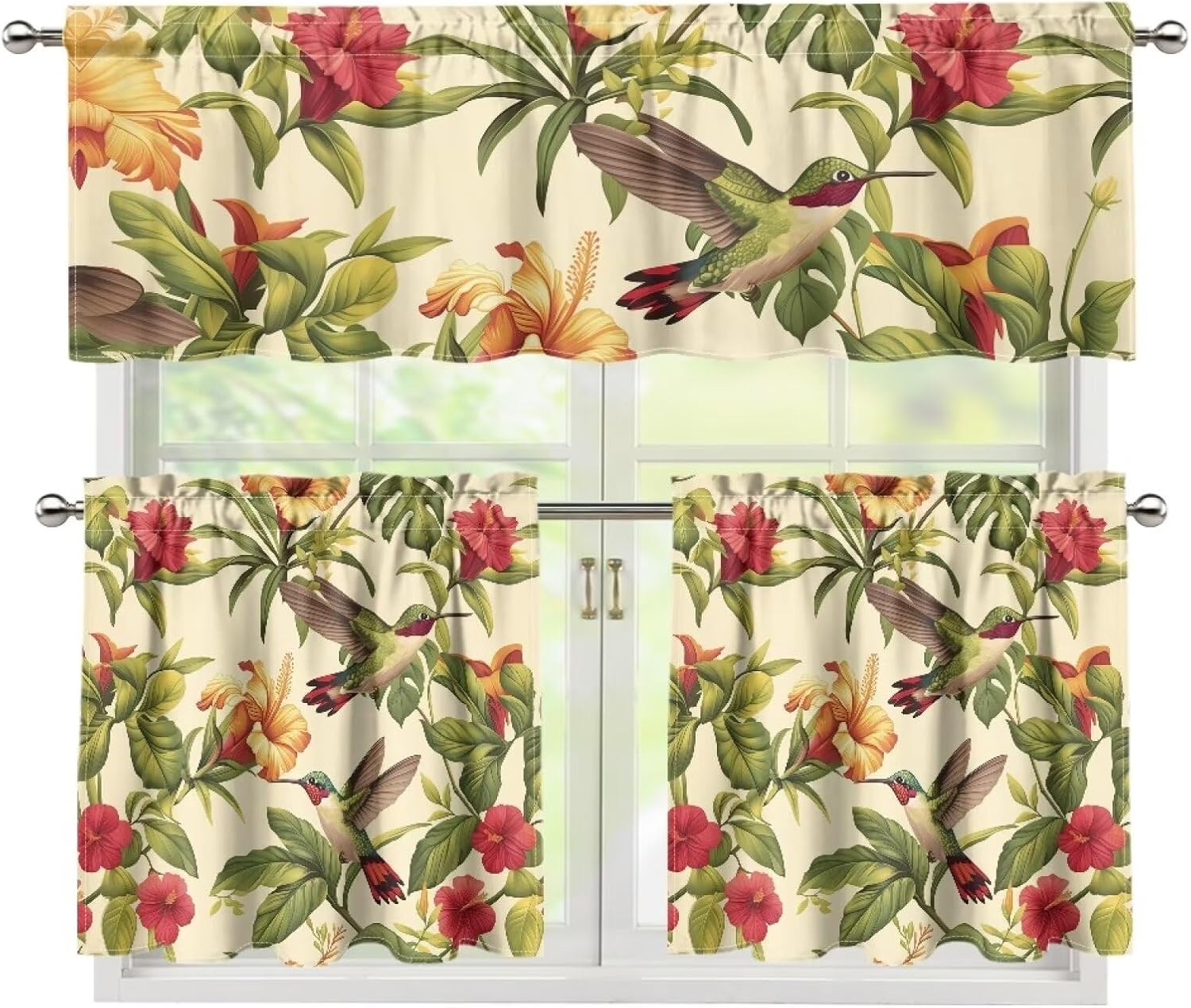Floral Print Window Curtains - Kitchen & Bathroom Curtain Set of 3 with Rod Pocket Tiers for Small Cafe, Bedroom & Living Room