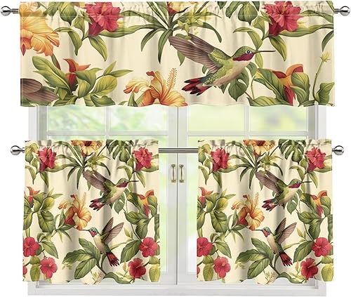Miniatura 46 de Cortinas de Cocina con Colibríes y Flores, Cortinas de Ventana con Cenefa y Niveles Juego de 3, Cortinas Cortas con Bolsillo para Barra, Cortinas