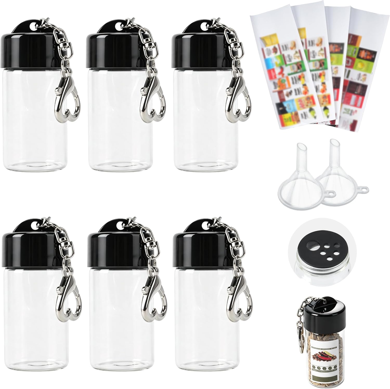 6 Pcs Small Seasoning Bottle Keychain Set, Portable Glass Spice Jar with Control Dosage Stopper, Funnels & DIY Stickers – Travel Spice Shaker, Compact Keychain Holder for Camping, Outdoors, Lunchbox