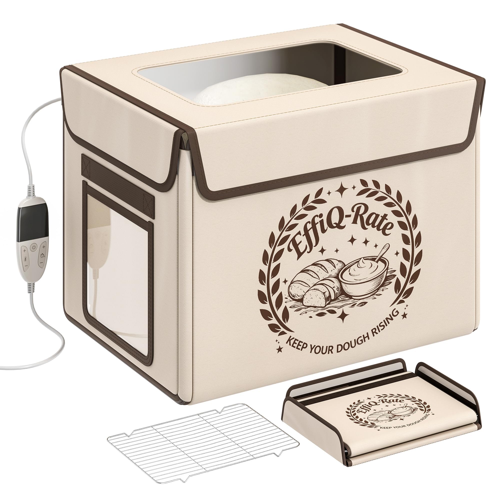 Effiq-Rate Beige Bread Proofing Box With Heater, Foldable Bread Proofer With 20-55℃ Temperature And 99H Timer Control, Electric Dough Proofing Box With Clear Window For Sourdough Breads, Yogurt, Pizza