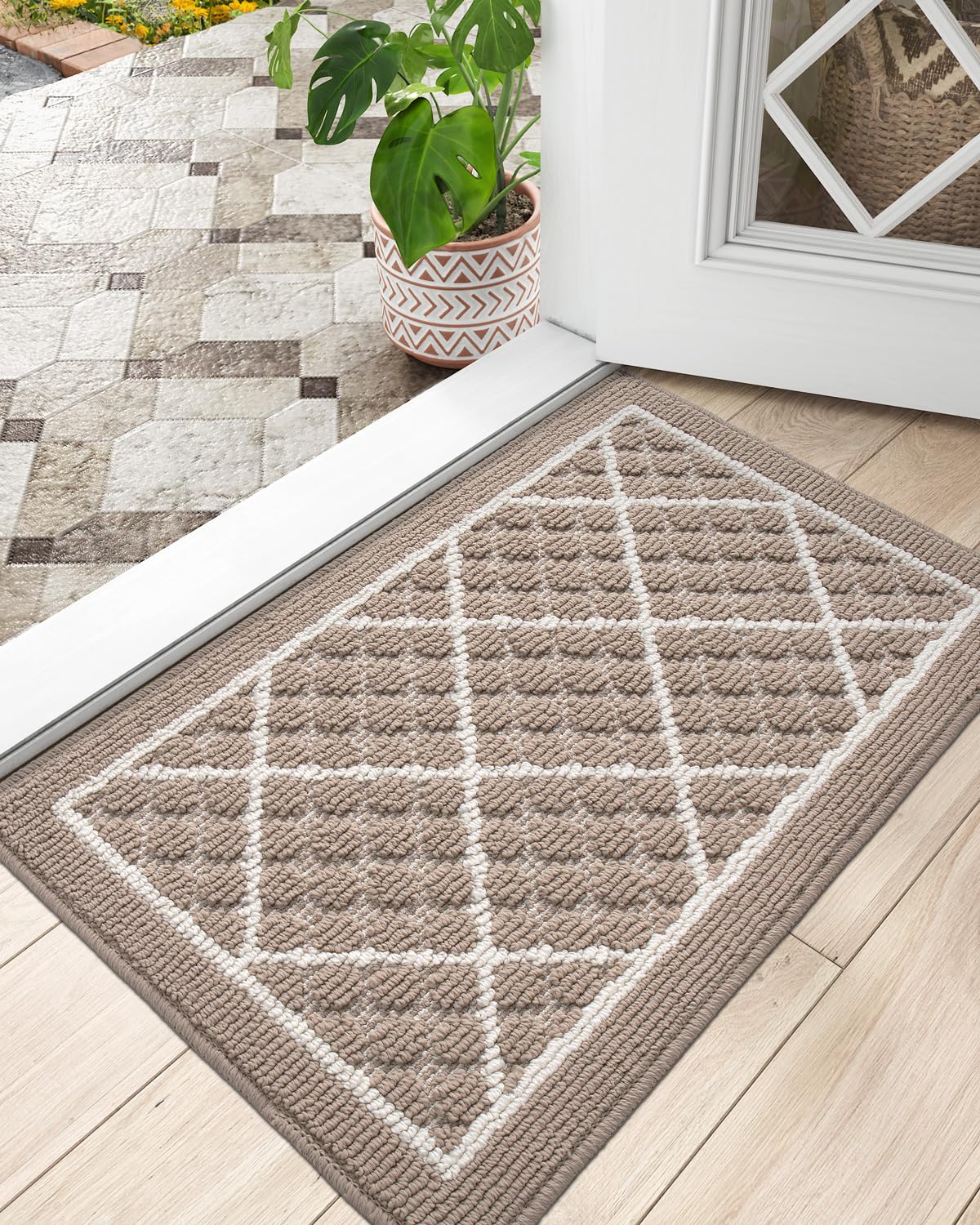 DEXI - Zerbino per porta d’ingresso, 43 x 76,2 cm, antiscivolo, assorbente, a basso profilo, sottile, lavabile, per ingresso interno, garage e patio, beige