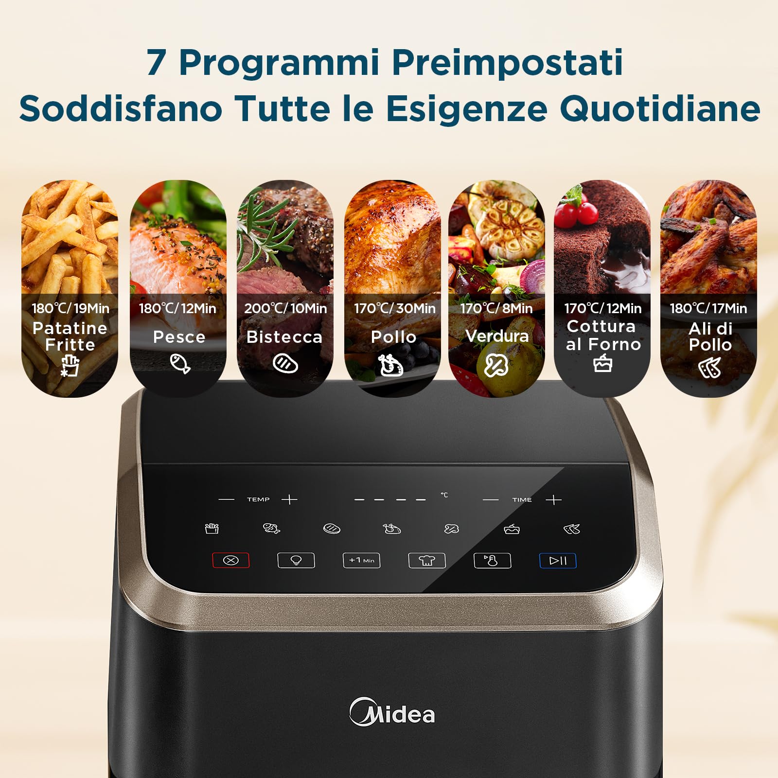 Midea Friggitrice Ad Aria 5L Cestello Vetro Trasparente e Luce, Tecnologia HeatXpress, 90% Meno Olio, 10 Programmi Di Cottura, Air Fryer Risparmio Energetico e Tempo, Fino a 3-5 Persone