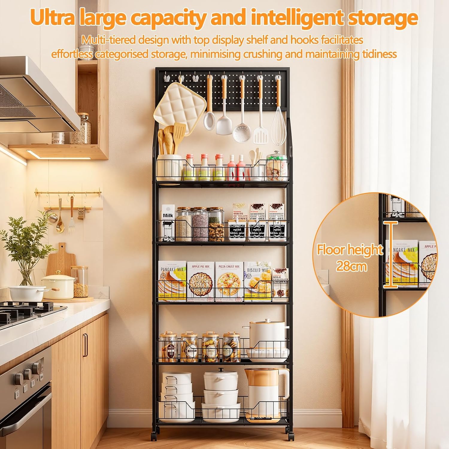 5 Tier Supermaket Snack Rack Display Stand, Free-Standing Retail Candy Display Shelves with 15 Hooks & 4 Wheels, Heavy Duty Large Metal Snack Shelf for Supermarket Kitchen Office Store Business Black