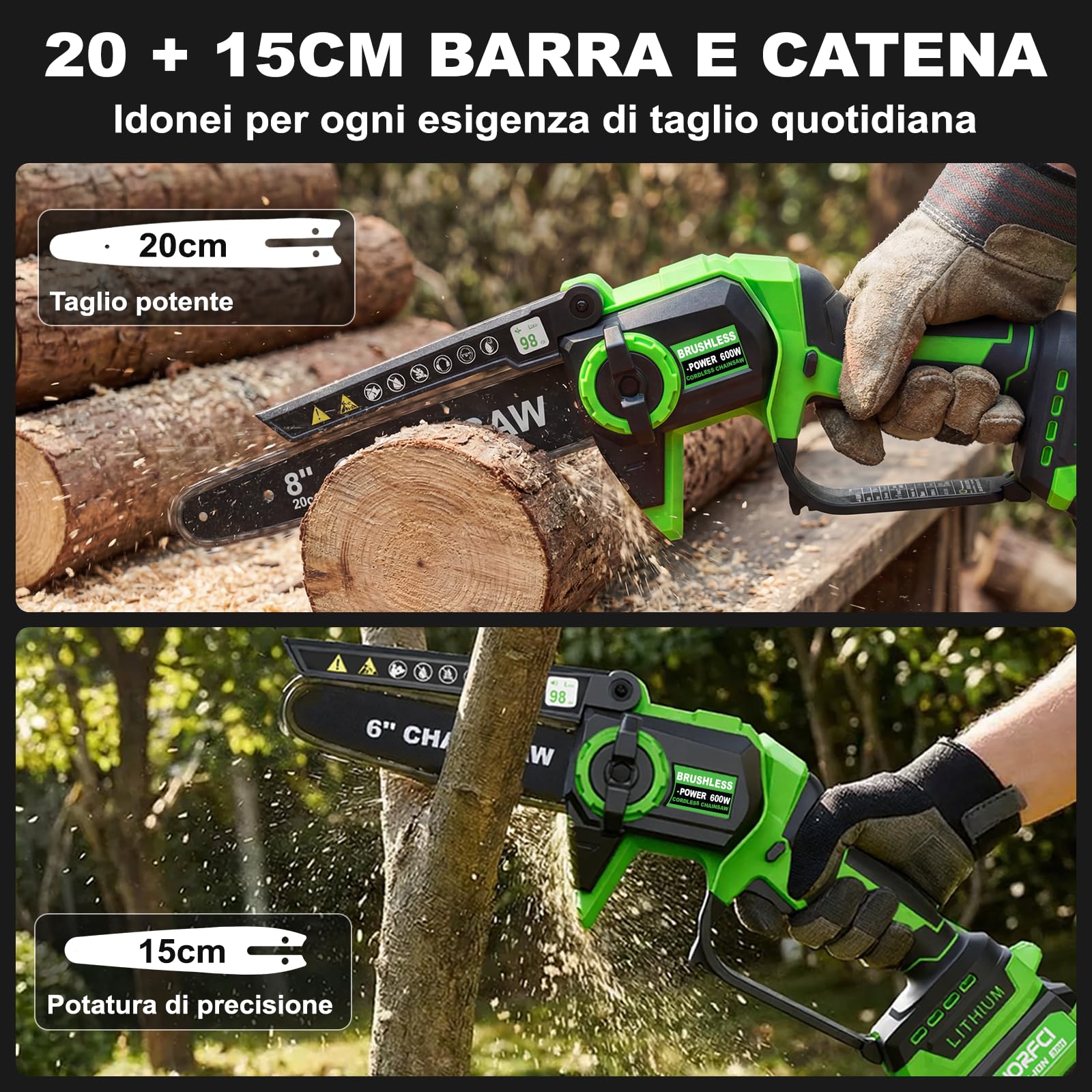 8 Pollici Mini Motosega con 2 Batterie e Caricatore, Sega a Batteria per Potatura Senza Fili, Brushless Motosega con Lubrificazione Automatica, Motosega Elettrica Potatura di Legno/Alberi