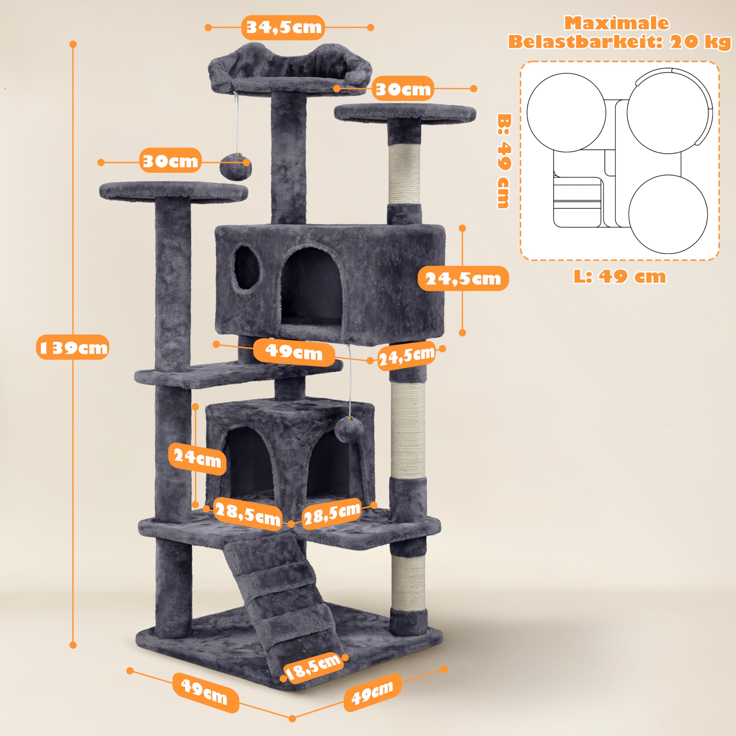Yaheetech Árbol Rascador para Gatos 139cm con 3 Plataformas 2 Nidos 2 Pompones Torre de Escalador con Postes en Sisal Ideal para 3-4 Gatos Gris Oscuro — view 8