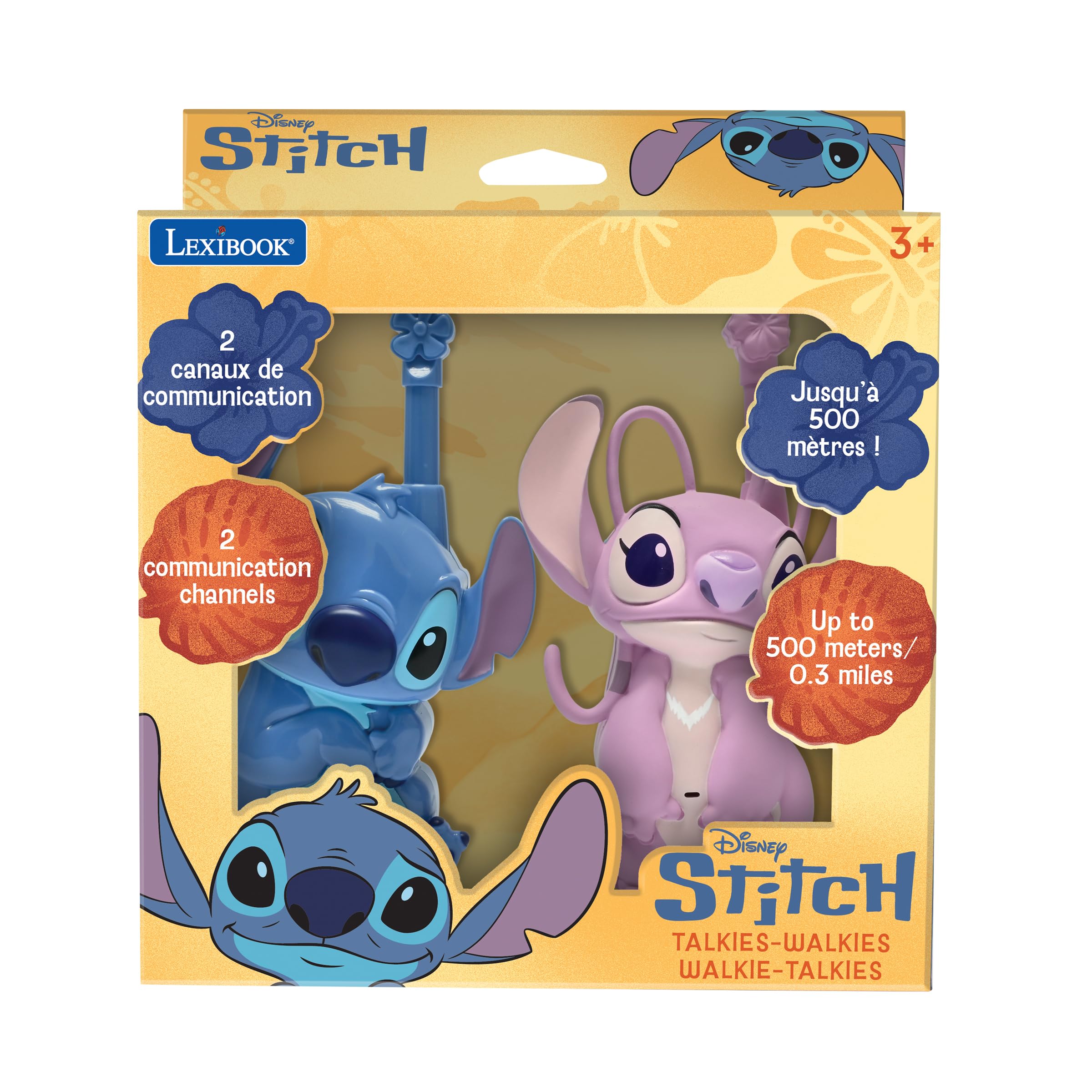 Lexibook, Disney Stitch, Talkies-Walkies 3D Stitch et Angel, Portée 500m, 2 canaux de Communication, Clip Ceinture, Bleu/Rose, TW18D1