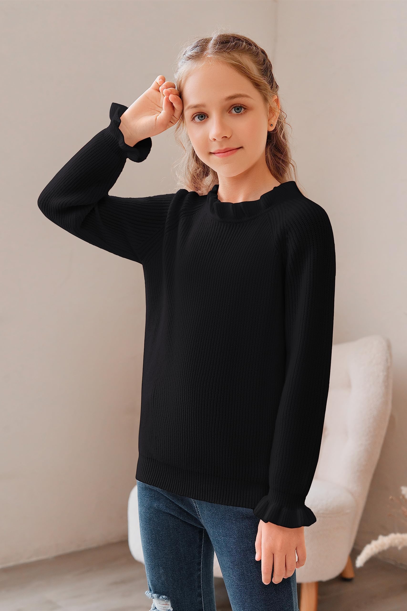 Haloumoning Maglione da ragazza, a maniche lunghe, con scollo rotondo, a volant, per bambini, invernale, lavorato a maglia