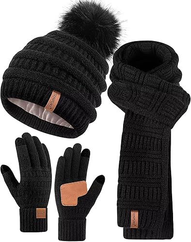 Womens Winter Beanie Scarf Gloves Set, Pom Pom Hat - Halloween Gifts For Her