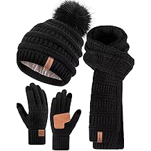 Womens Winter Beanie Scarf Gloves Set, Pom Pom Hat with Warm Fleece Lined Long Knit Scarf Touchscreen Gloves for Cold Weather