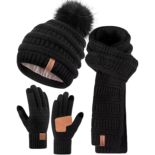 Womens Winter Beanie Scarf Gloves Set, Pom Pom Hat with Warm Fleece Lined Long Knit Scarf Touchscreen Gloves for Cold Weather