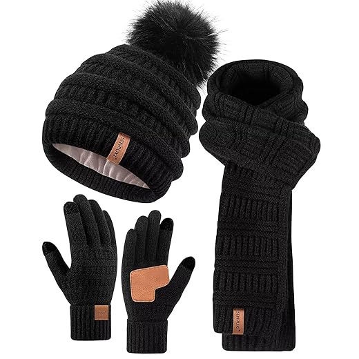 Womens Winter Beanie Hat Scarf Gloves Set, Cute Pom Pom Beanie with Warm Fleece Lined Long Knit Neck Scarf Touchscreen Gloves, 3 Piece Set for Cold Weather(Black)