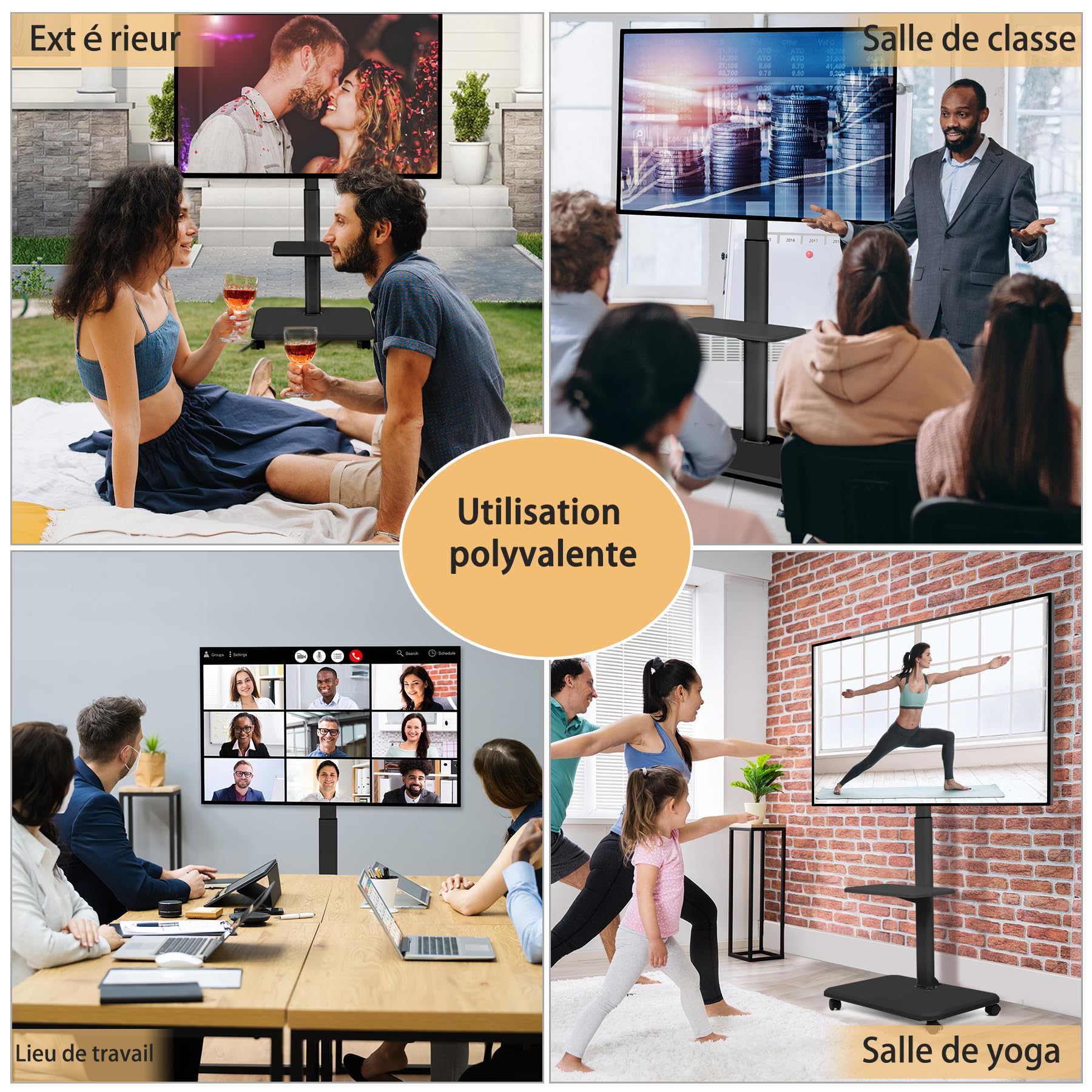 Support TV à roulettes pour TV Plats/incurvés LED/LCD/OLED de 32-70" (jusqu'à 45kg). Chariot TV Mobile réglable en Hauteur pour Ordinateur Portable, pour Chambre, Bureau, d'étudiant, extérieur, Noir