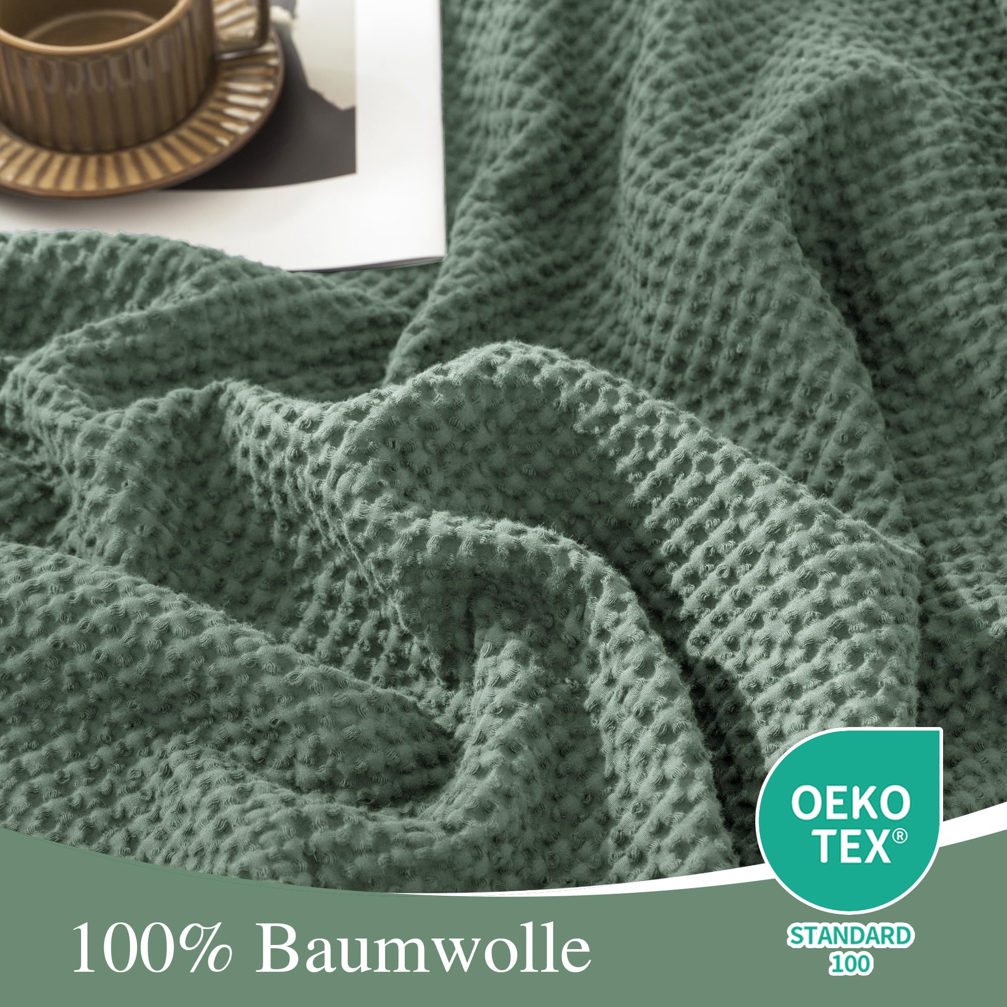 CHUFFED 100% Baumwolle Decke 130 x 150 cm Waffelmuster Tagesdecke Sofadecke Grün