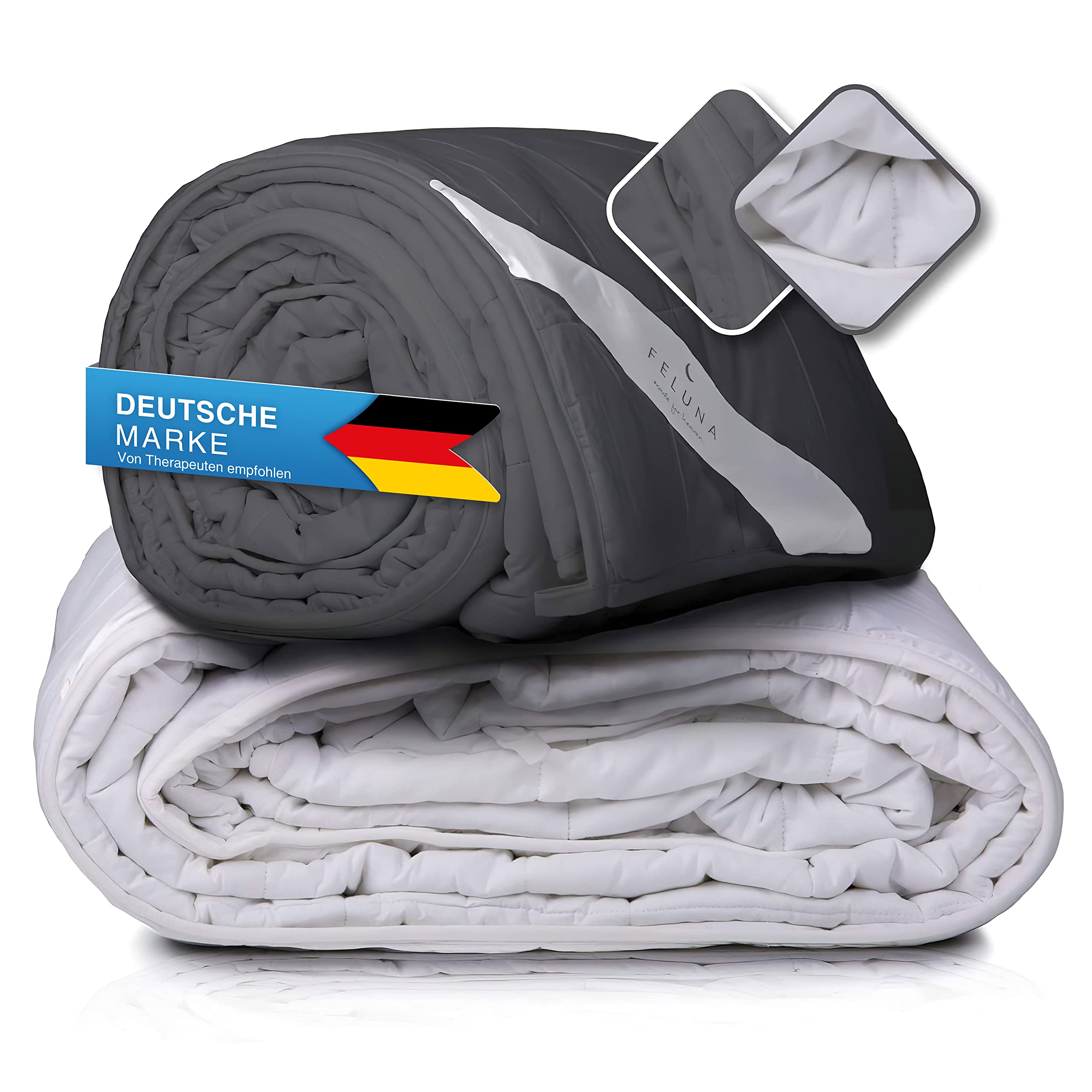 Feluna® Gewichtsdecke 8 kg, schwere Therapiedecke 155x200 cm Baumwolle | Fördert tiefe Entspannung, auslaufsicheres 7-Lagen-Design mit Glasperlen, Anti-Stress Weighted Blanket, grauer Baumwollsatin