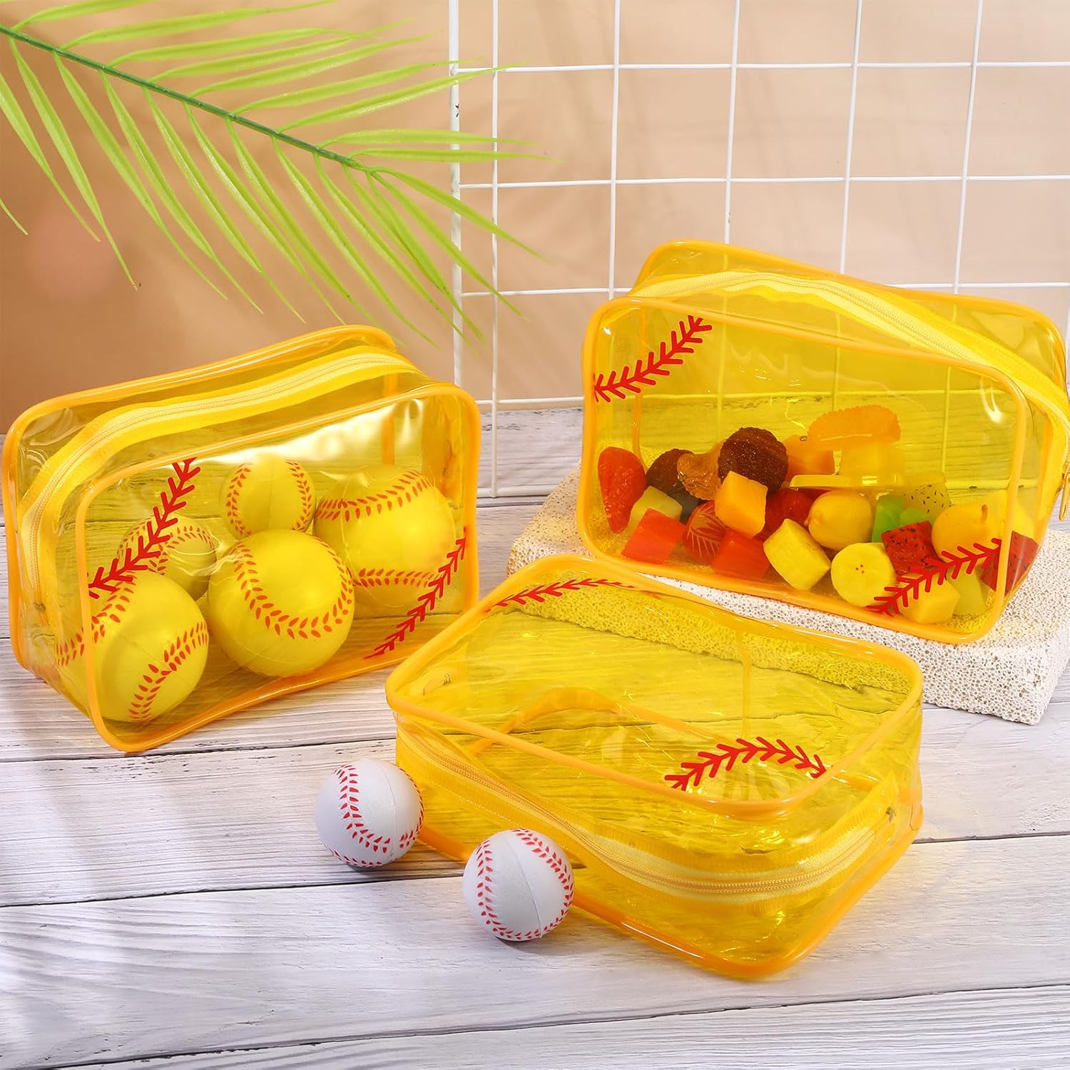 12 Pcs Softball Gifts Bags PVC Waterproof Clear Makeup Bag Organizer 18x12x6cm Zippered Pouch for Team Party Favors, Softball Sccessories for Girls, Coach Travel Storage (Yellow) - Image 4
