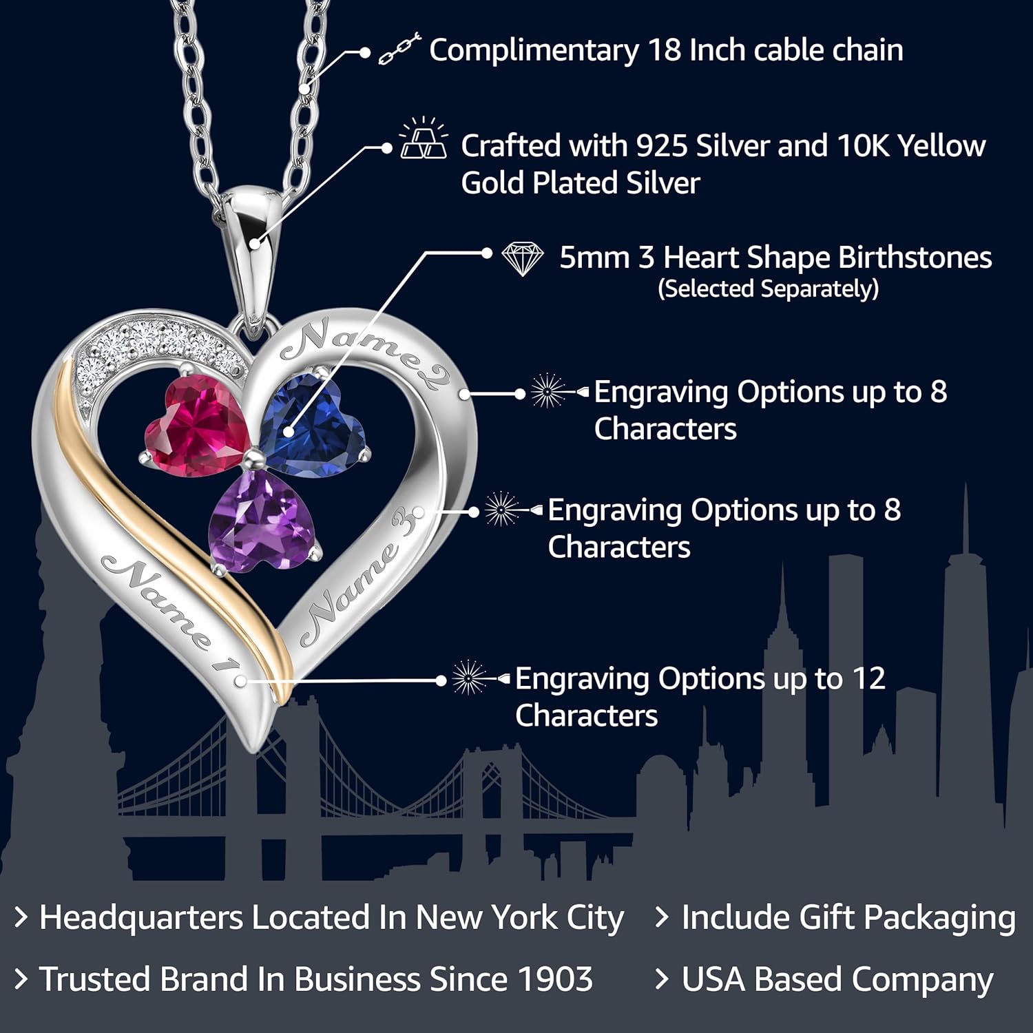 Gem Stone King Customized Personalized Engraved 3-Stone Heart Pendant Necklace For Women | 925 Silver and 10K Yellow Gold | Gemstone Birthstone and Lab Grown Diamond | 5MM Heart | 18 Inch Chain - Image 2