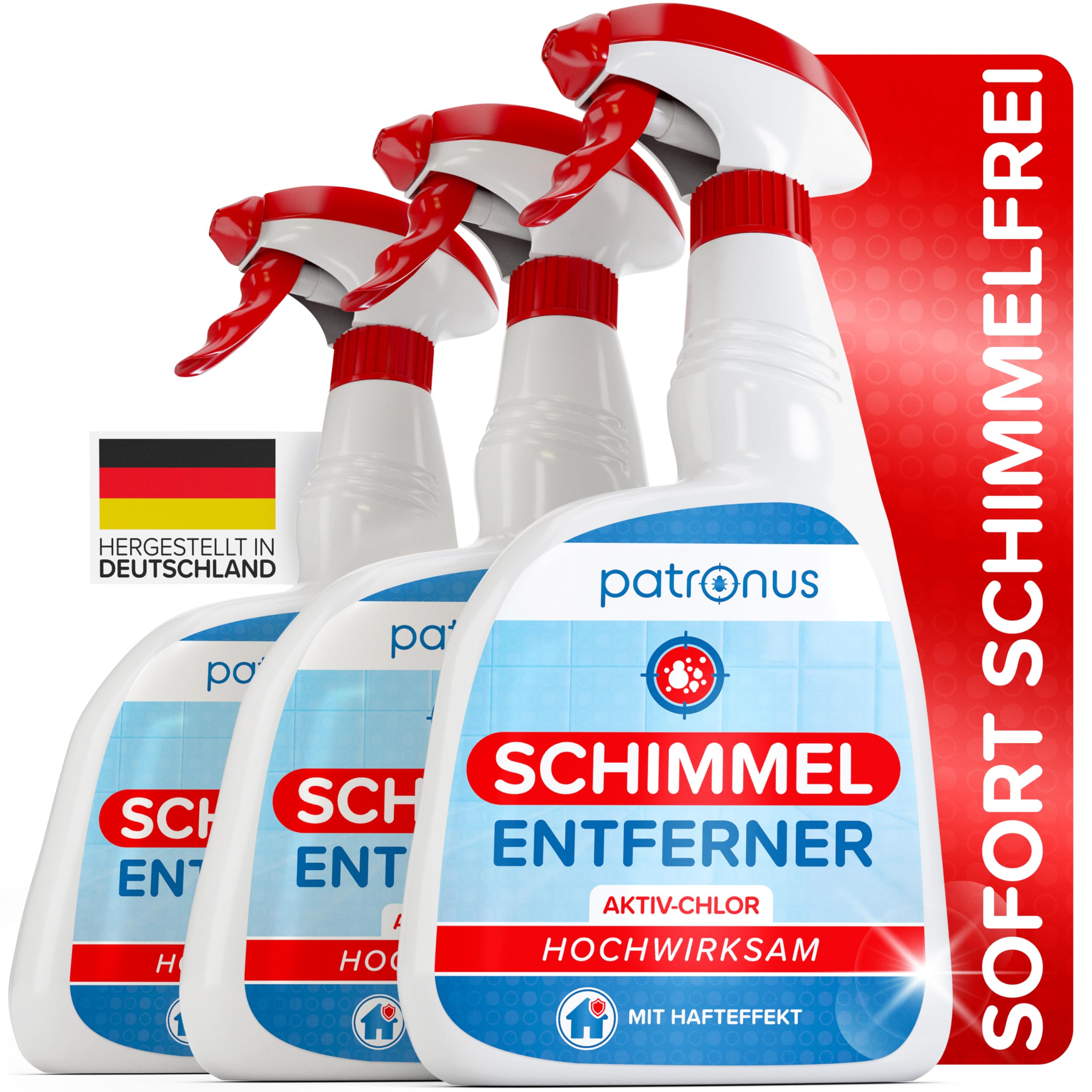 Patronus Profi Schimmelentferner mit Hafteffekt & Sofortwirkung [3x 500 ml] | für Wand, Bad, Fliesen, Fugen & mehr - Effektives Anti Schimmel Spray mit Aktivchlor zum Schimmel entfernen & Fugenreiniger
