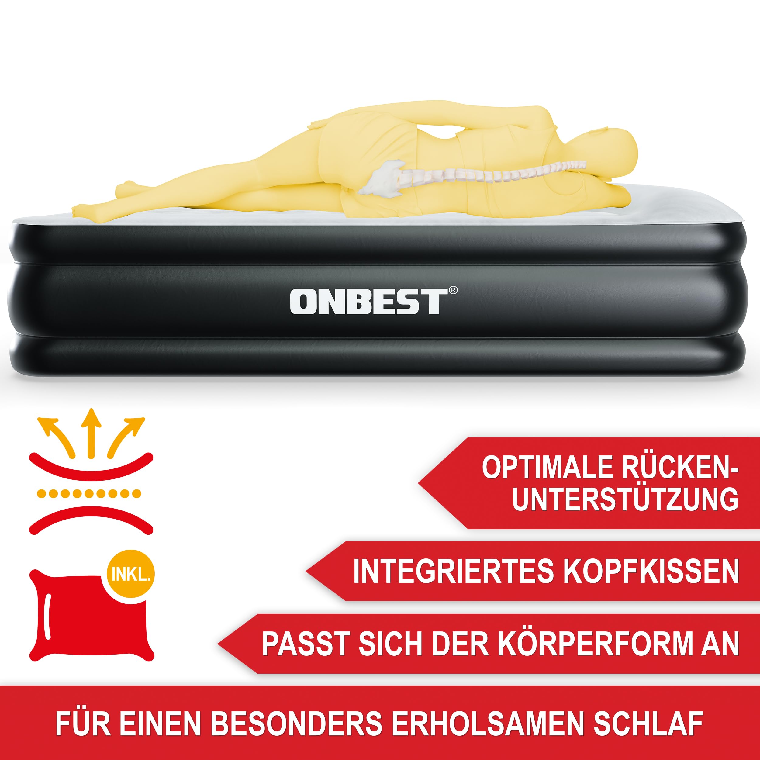 Onbest Luftbett selbstaufblasend – für 2 Personen – 203 x 152 x 46 cm -Luftmatratze mit elektrischer Pumpe – aufblasbares Gästebett in 3-5 Minuten – integriertes Kopfkissen (Schwarz)