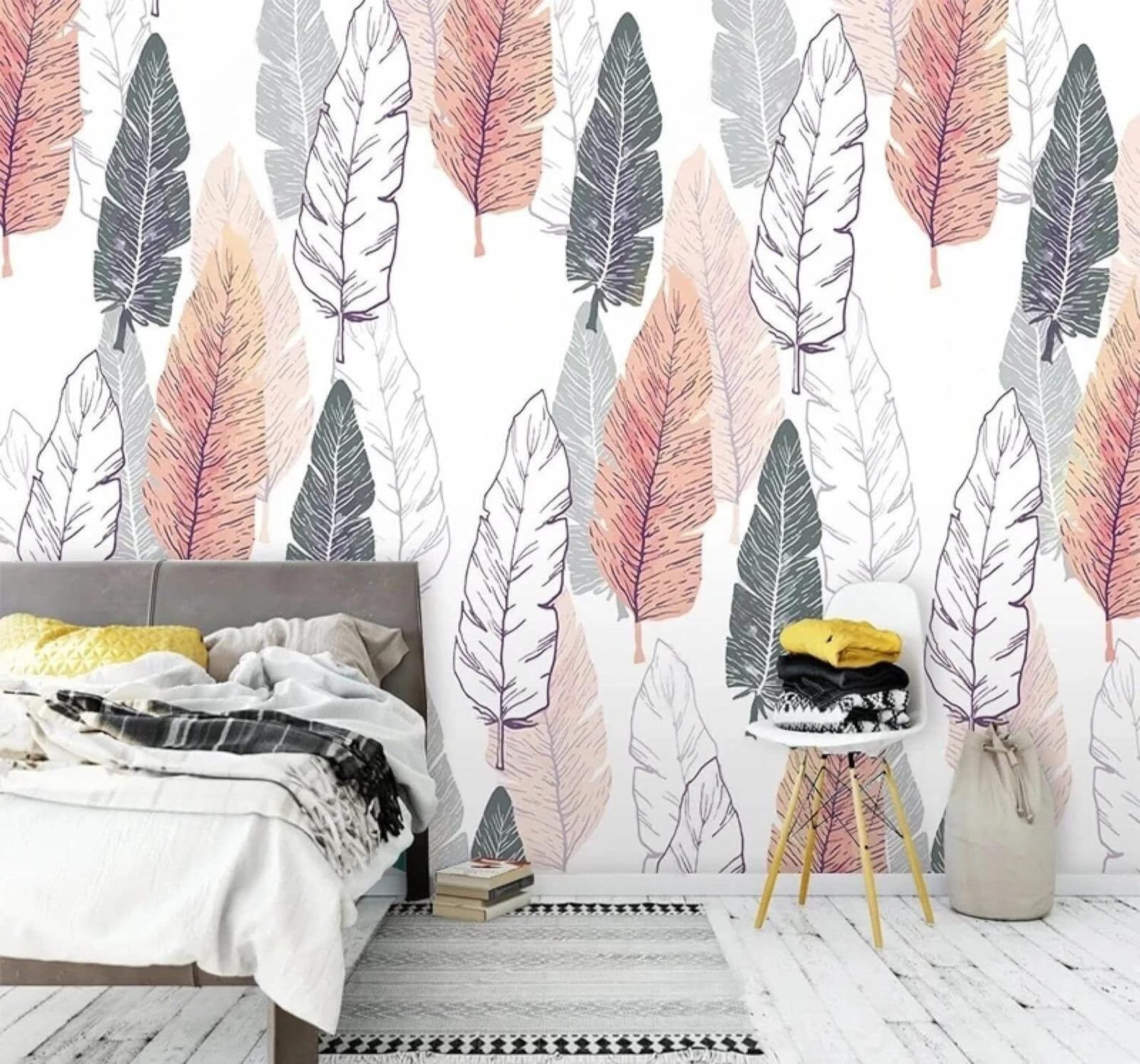 Tzxztt Minimalist Hand Drawn Colourful Feathers and Leaves Modern 3D Wallpaper Premium Textured Silk Neutral Tones Material Ideal for Living Room Bedroom-300cm×210cm