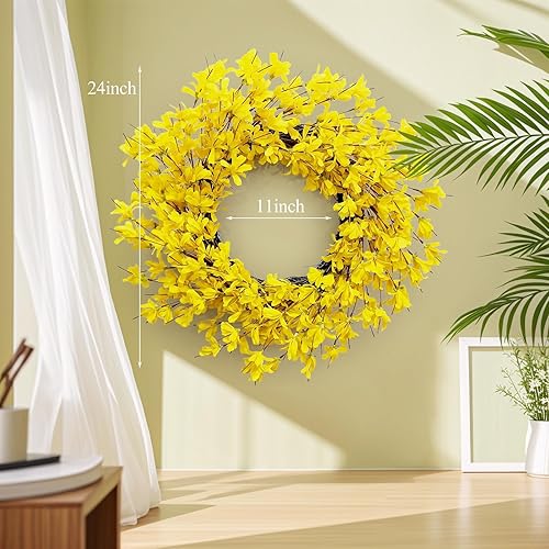Miniatura 2 de Corona amarilla de Forsythia para puerta de Huashen de 24 pulgadas, corona de verano para puerta delantera, racimo de flores, corona de granja en