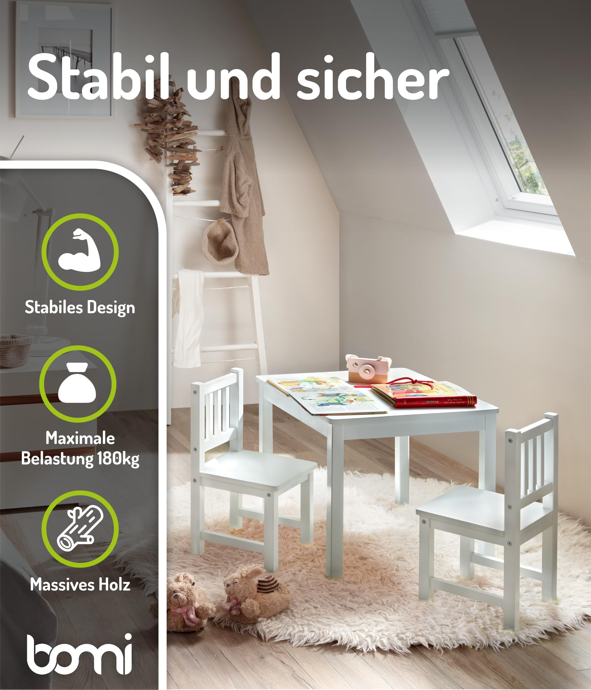 Bomi Spielsitzgruppe 4 Stühlchen Baby mit Tisch | Amy aus FSC nachhaltigem Kiefer Massiv Holz | Kinder Möbel Mädchen und Jungen | Sitzgruppe in Weiss