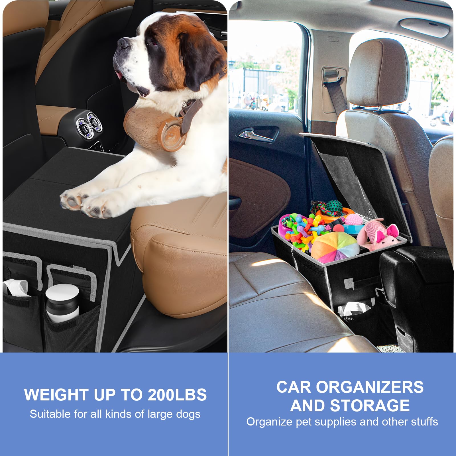Extensor de asiento para perros de hasta 90,7 kg, con bolsillos de almacenamiento, extensor de asiento delantero y trasero plegable para perros grandes, medianos y pequeños (gris y negro)