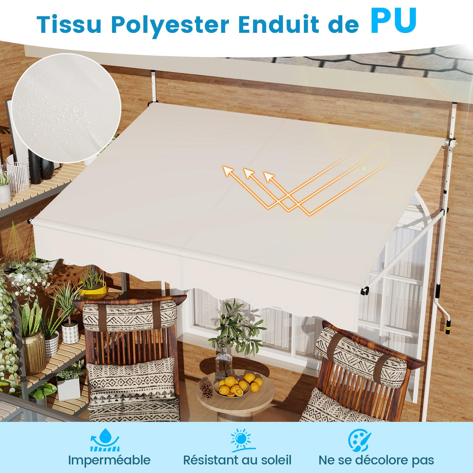 RELAX4LIFE Store Banne Manuel Rétractable avec Manivelle | Auvent Rétractable Résistant aux UV, Imperméable | Hauteur&Angle Réglable | Store Banne sans Percage pour Balcon, Terrasse (2x2,3 M,Blanc)