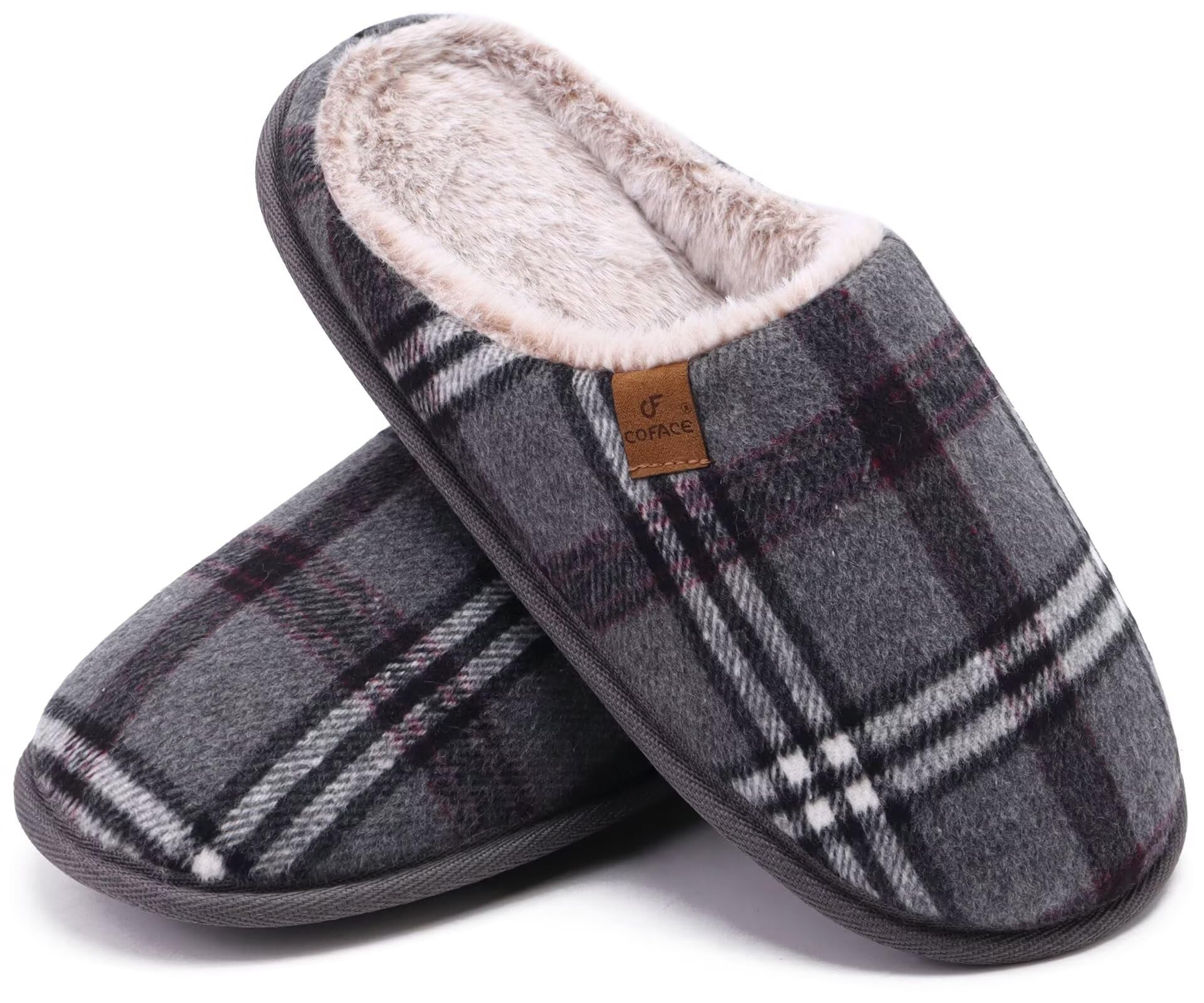 Chaussons Homme Pantoufles à Carreaux Hiver Chaussures Chaudes pour La Maison en Mousse à Mémoire de Forme, Laine en Peluche Doublée avec Semelle en Caoutchouc Antidérapante