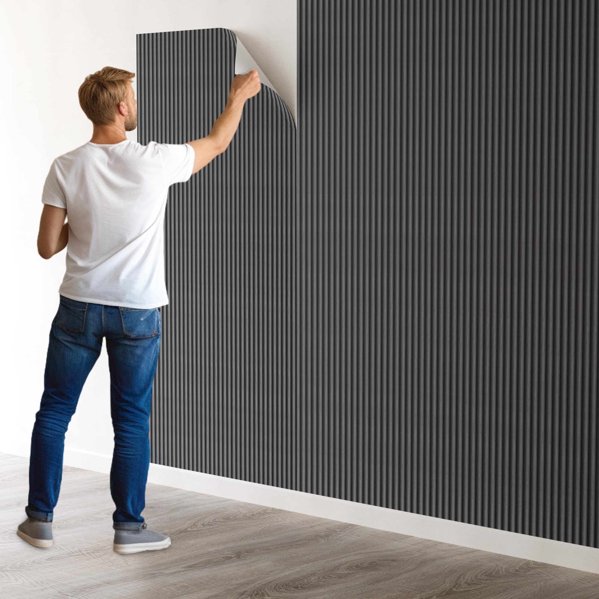 Oxdigi Wood Slat Peel and Stick Wallpaper - 23.6" X 196" (32.3 Sq. Ft.) - 3D Pattern, Self-Adhesive PVC, Removable, Renter-Friendly, Vintage and Modern Contact Paper, Deep Gray